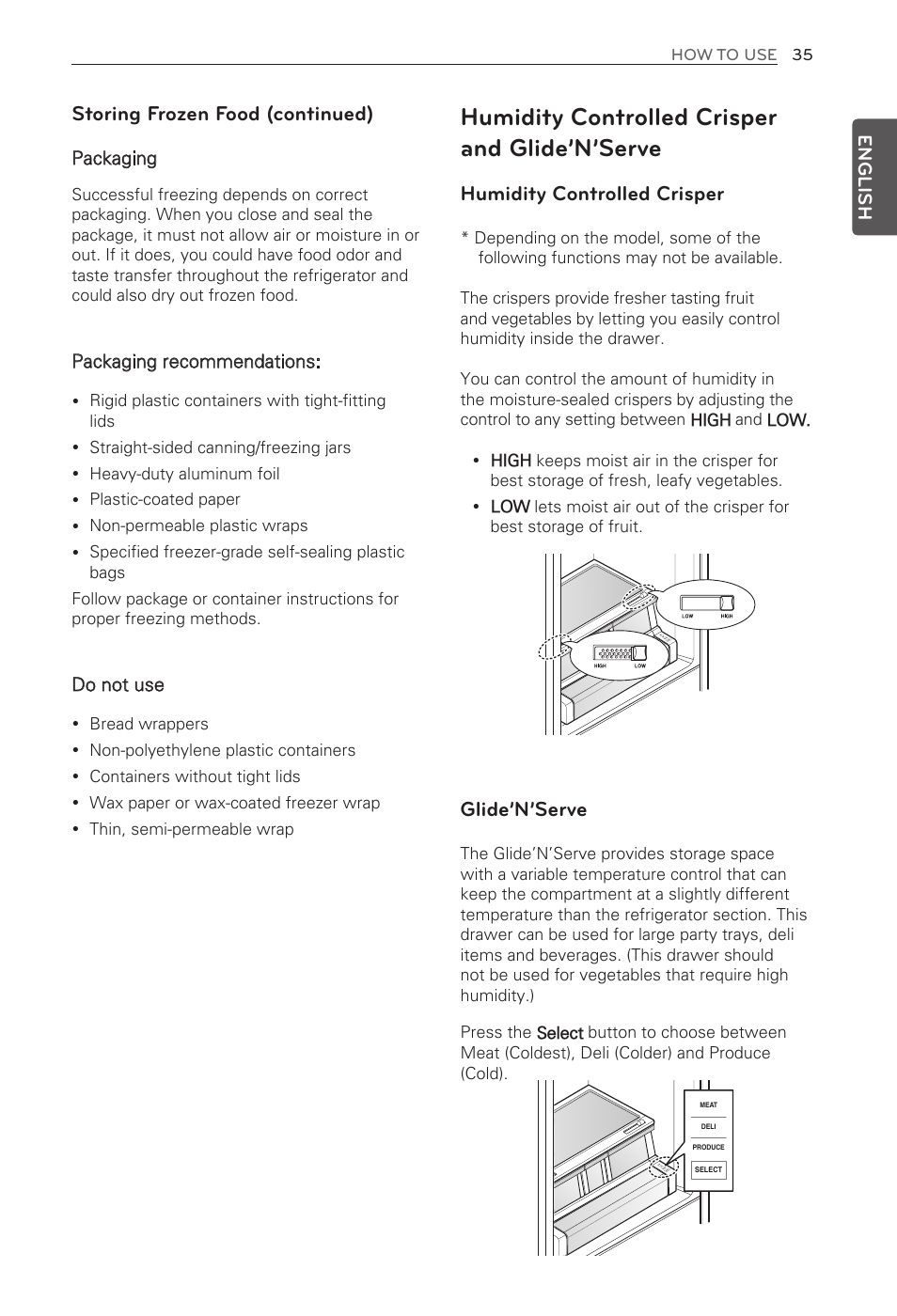 Humidity controlled crisper and glide’n’serve, Humidity controlled crisper, Glide’n’serve | Storing frozen food (continued), English | LG French Door Refrigerator MFL62184416 User Manual | Page 35 / 61