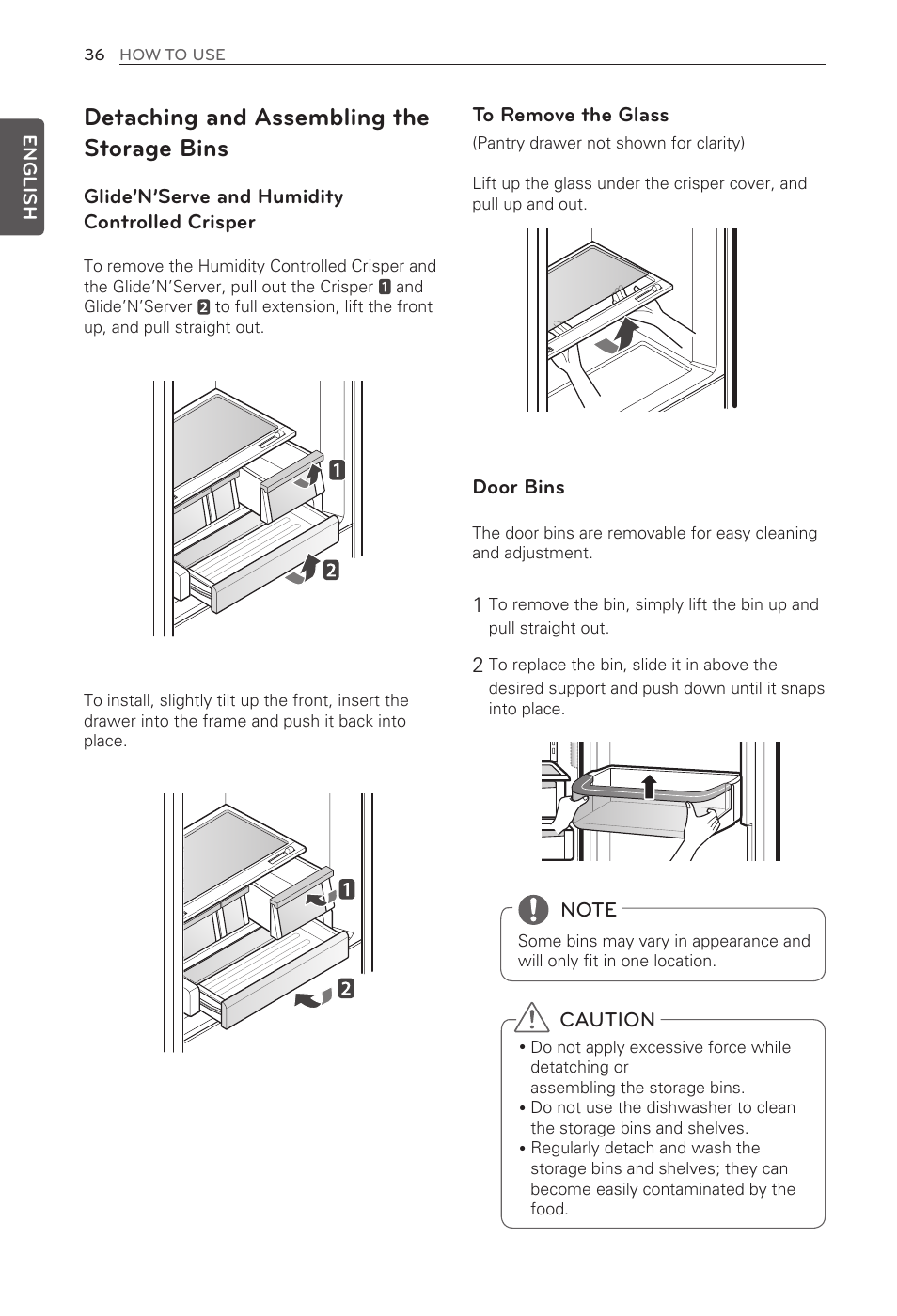 Detaching and assembling the storage bins | LG French Door Refrigerator MFL62184416 User Manual | Page 36 / 61