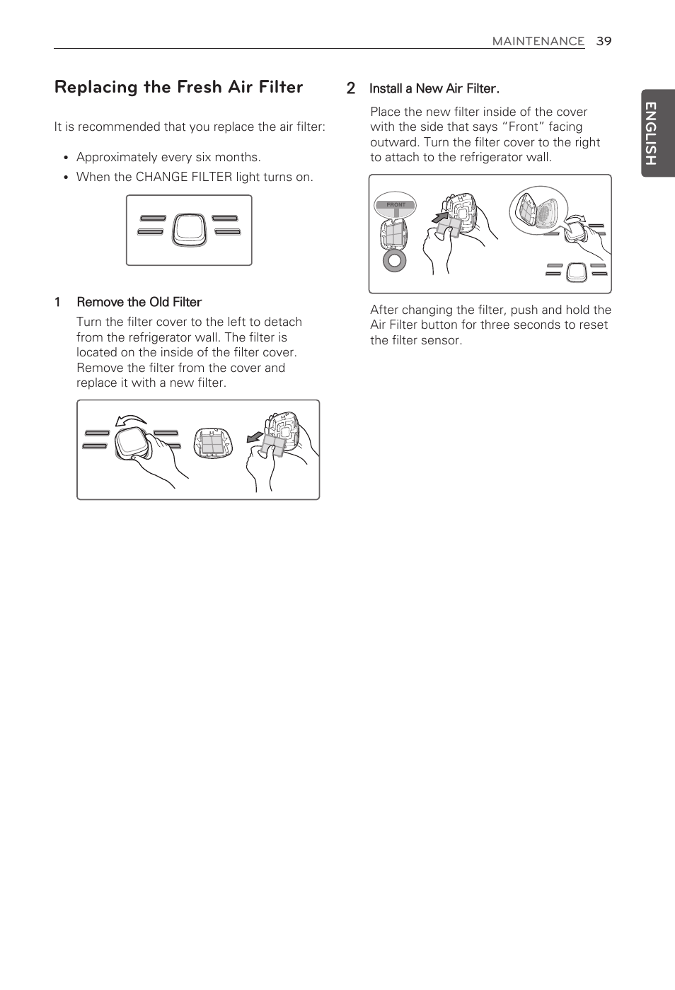 Replacing the fresh air filter | LG French Door Refrigerator MFL62184416 User Manual | Page 39 / 61