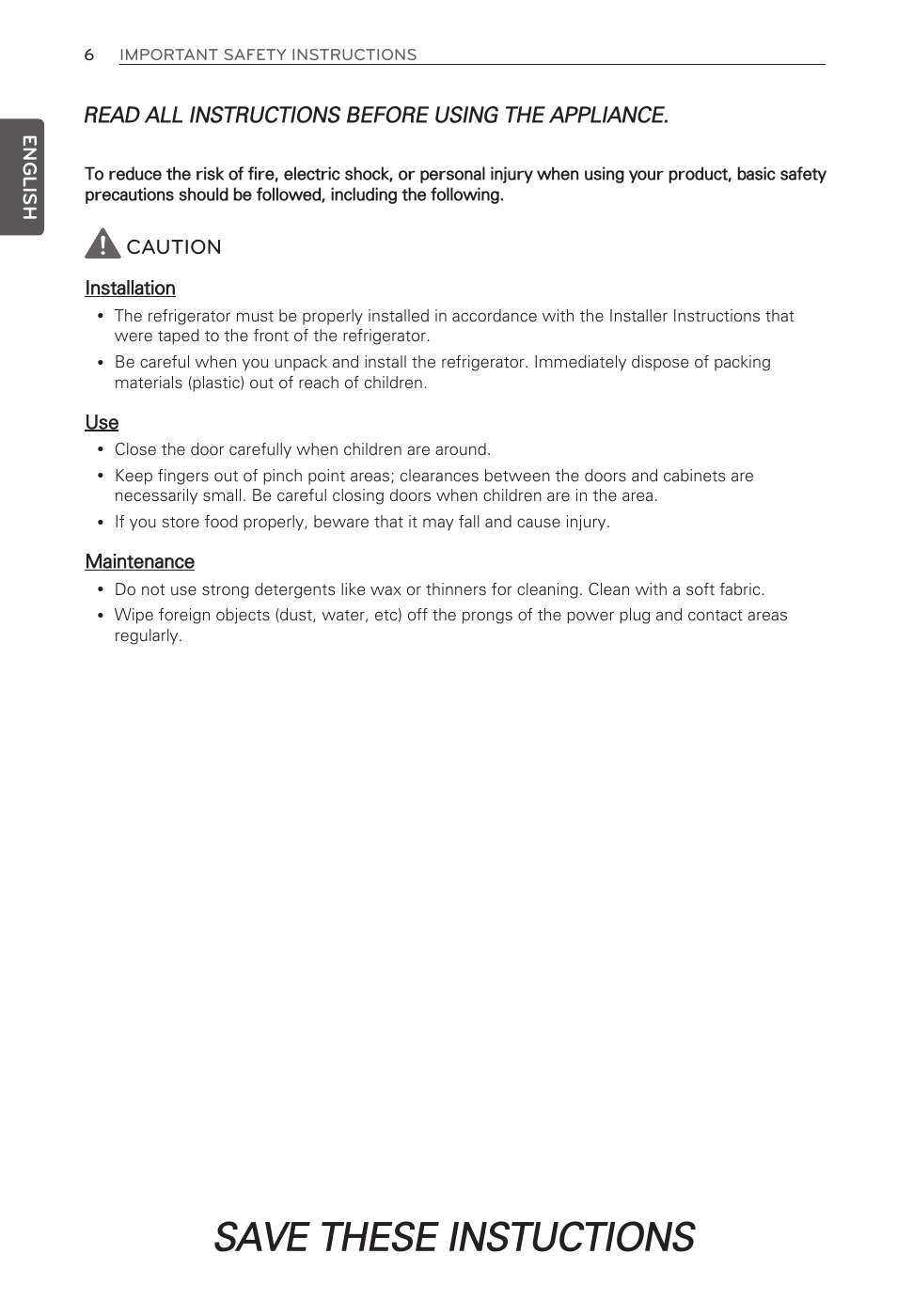 Save these instuctions, Caution, Read all instructions before using the appliance | LG French Door Refrigerator MFL62184416 User Manual | Page 6 / 61