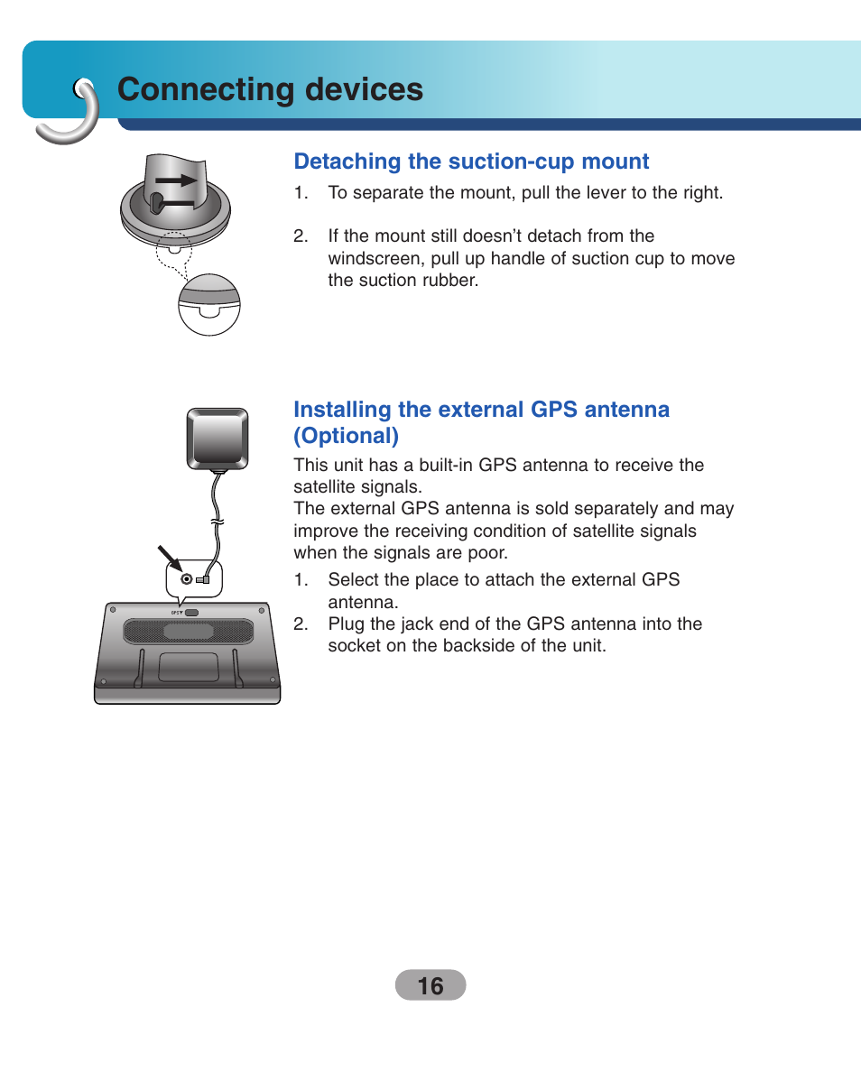 Detaching the suction-cup mount, Installing the external gps antenna (optional), Connecting devices | LG LN500 Series User Manual | Page 16 / 72