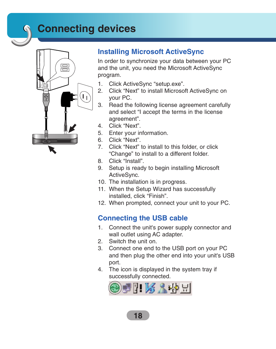Installing microsoft activesync, Connecting the usb cable, Connecting devices | LG LN500 Series User Manual | Page 18 / 72
