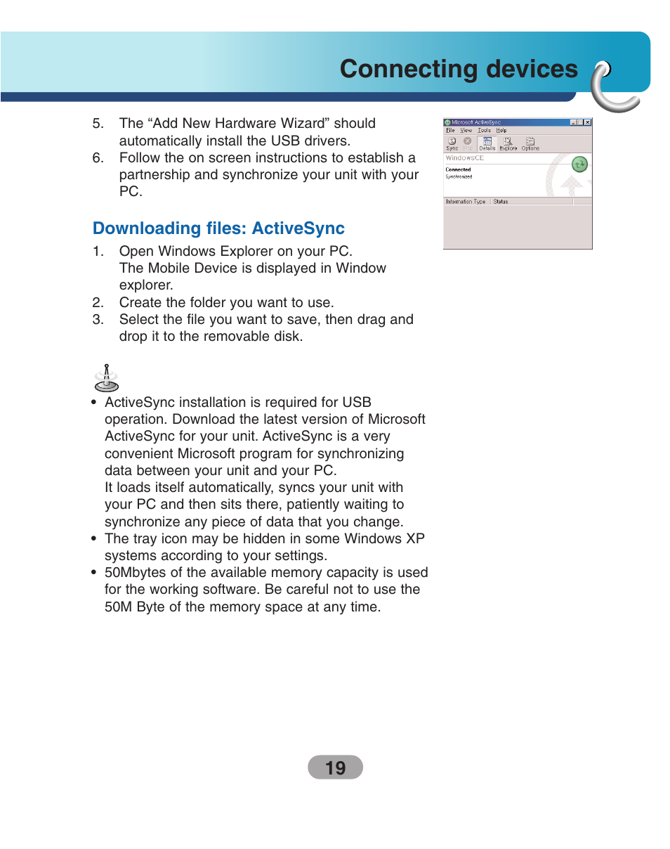 Downloading files: activesync, Connecting devices | LG LN500 Series User Manual | Page 19 / 72