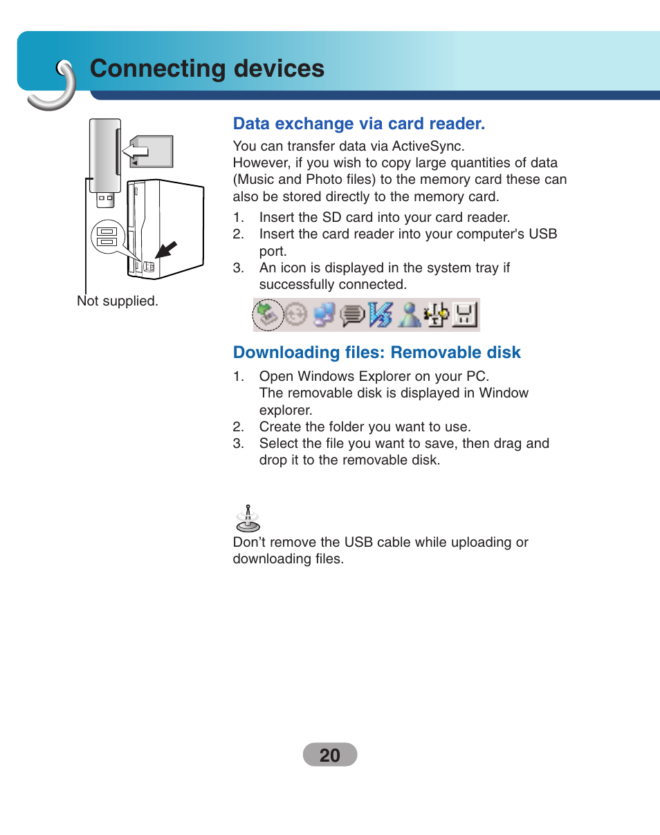 Data exchange via card reader, Downloading files: removable disk, Connecting devices | LG LN500 Series User Manual | Page 20 / 72