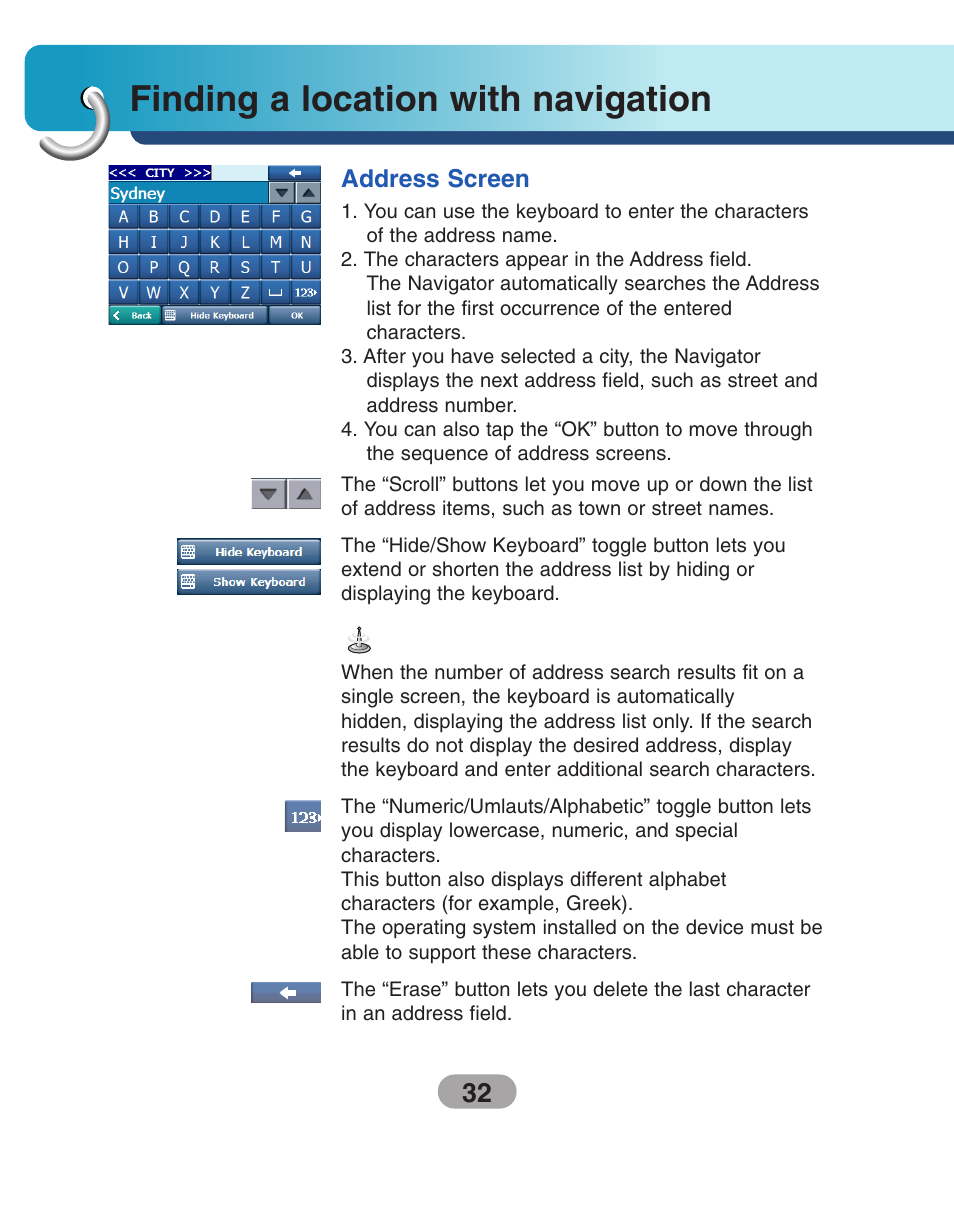 Finding a location with navigation, Address screen | LG LN500 Series User Manual | Page 32 / 72