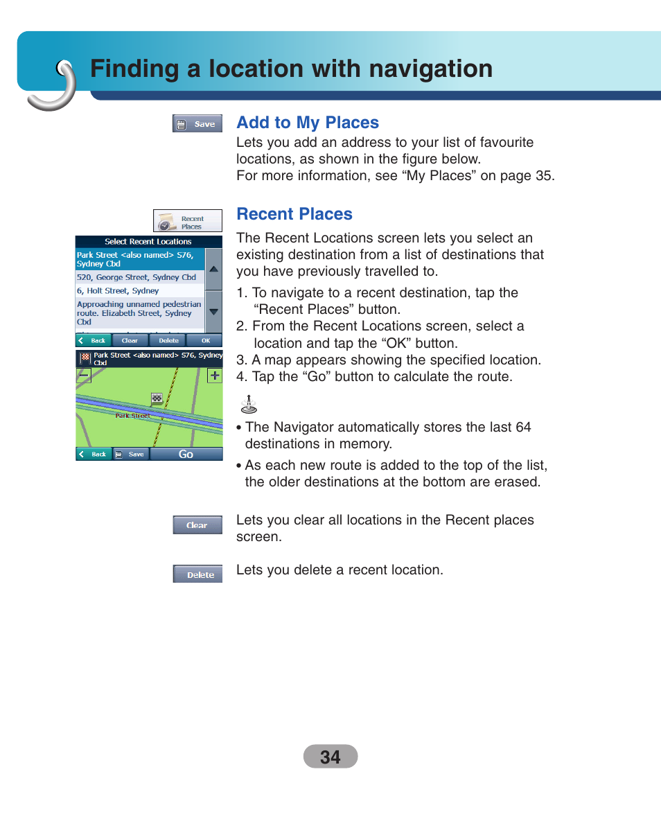 Add to my places, Recent places, Finding a location with navigation | LG LN500 Series User Manual | Page 34 / 72