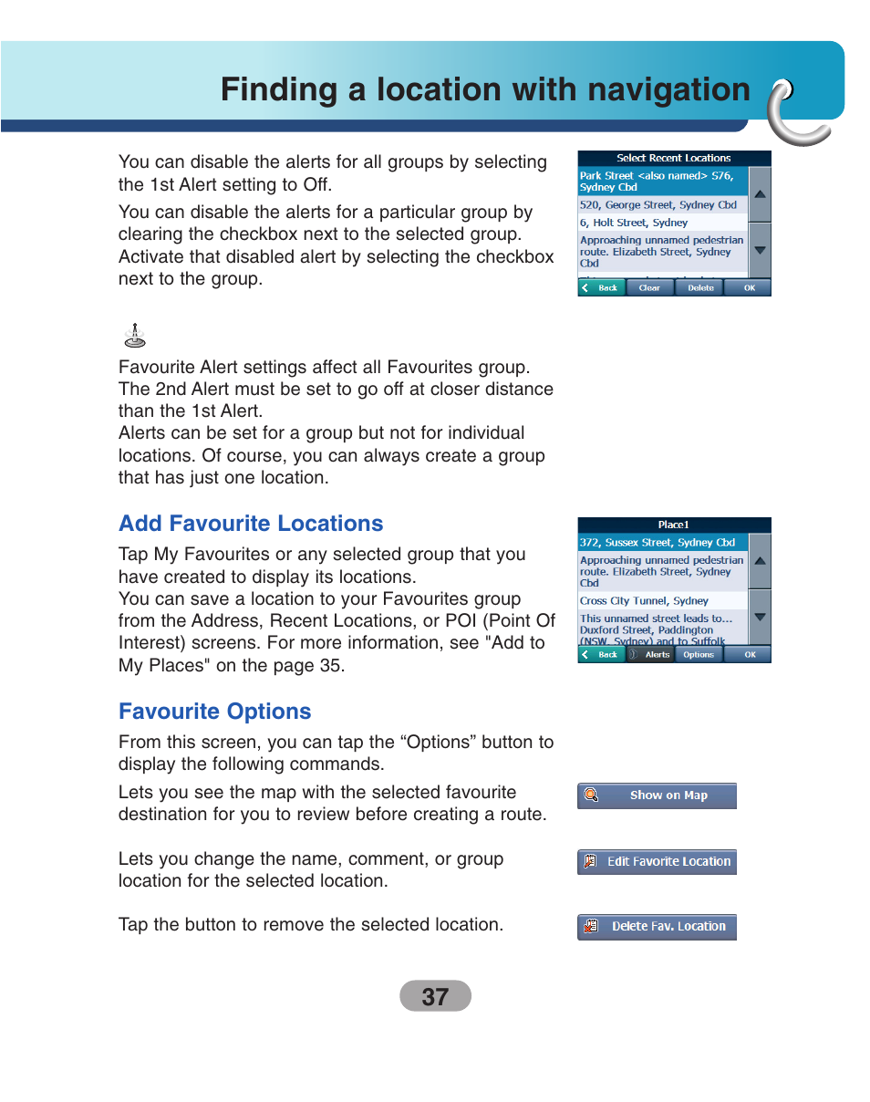 Add favourite locations, Favourite options, Finding a location with navigation | LG LN500 Series User Manual | Page 37 / 72