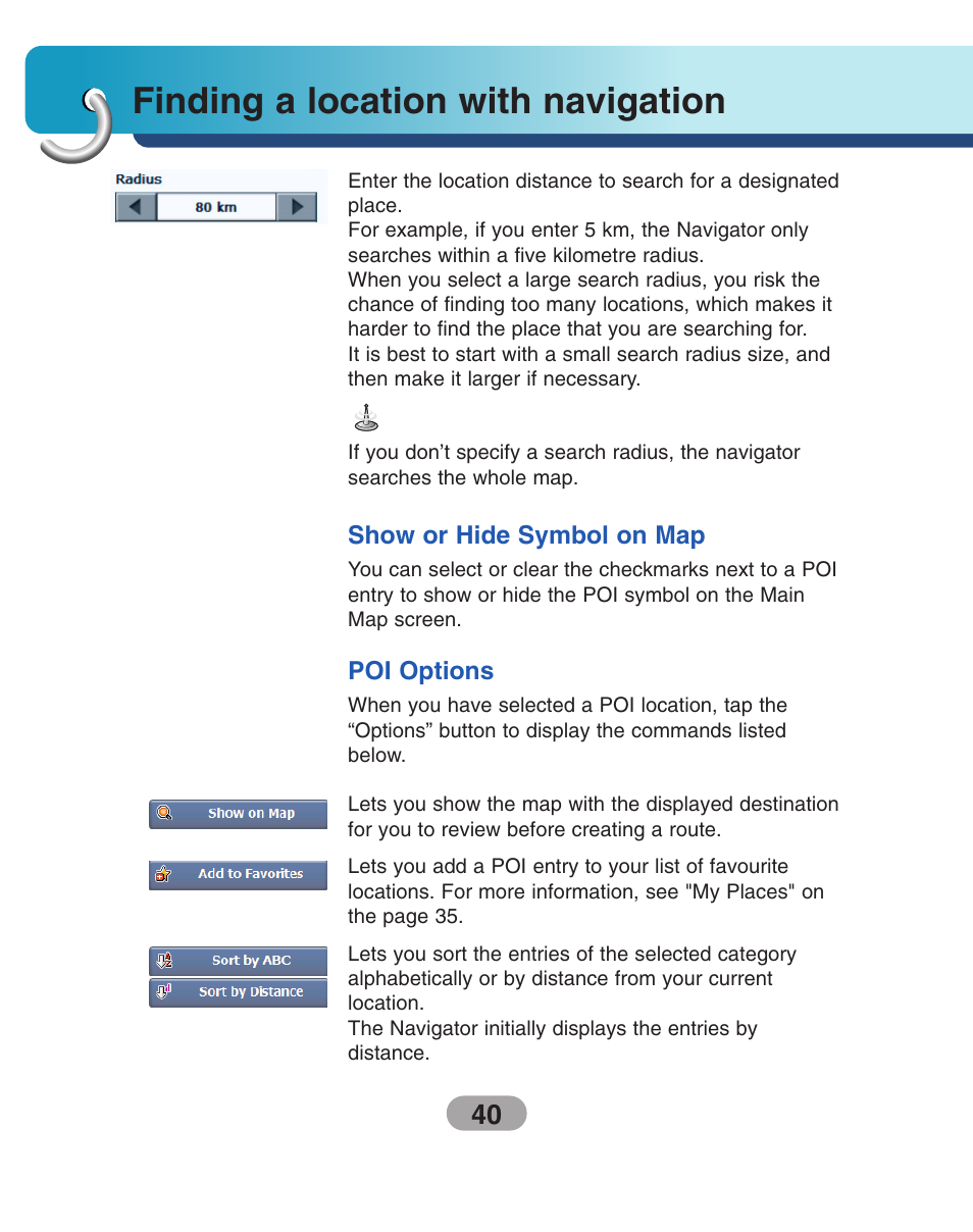 Show or hide symbol on map, Poi options, Finding a location with navigation | LG LN500 Series User Manual | Page 40 / 72