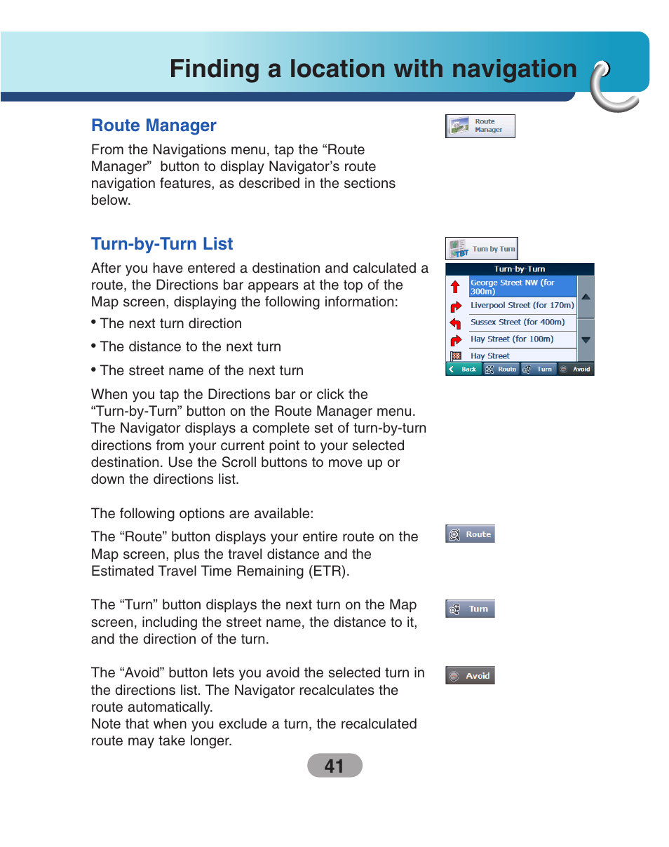 Route manager, Turn-by-turn list, Finding a location with navigation | LG LN500 Series User Manual | Page 41 / 72