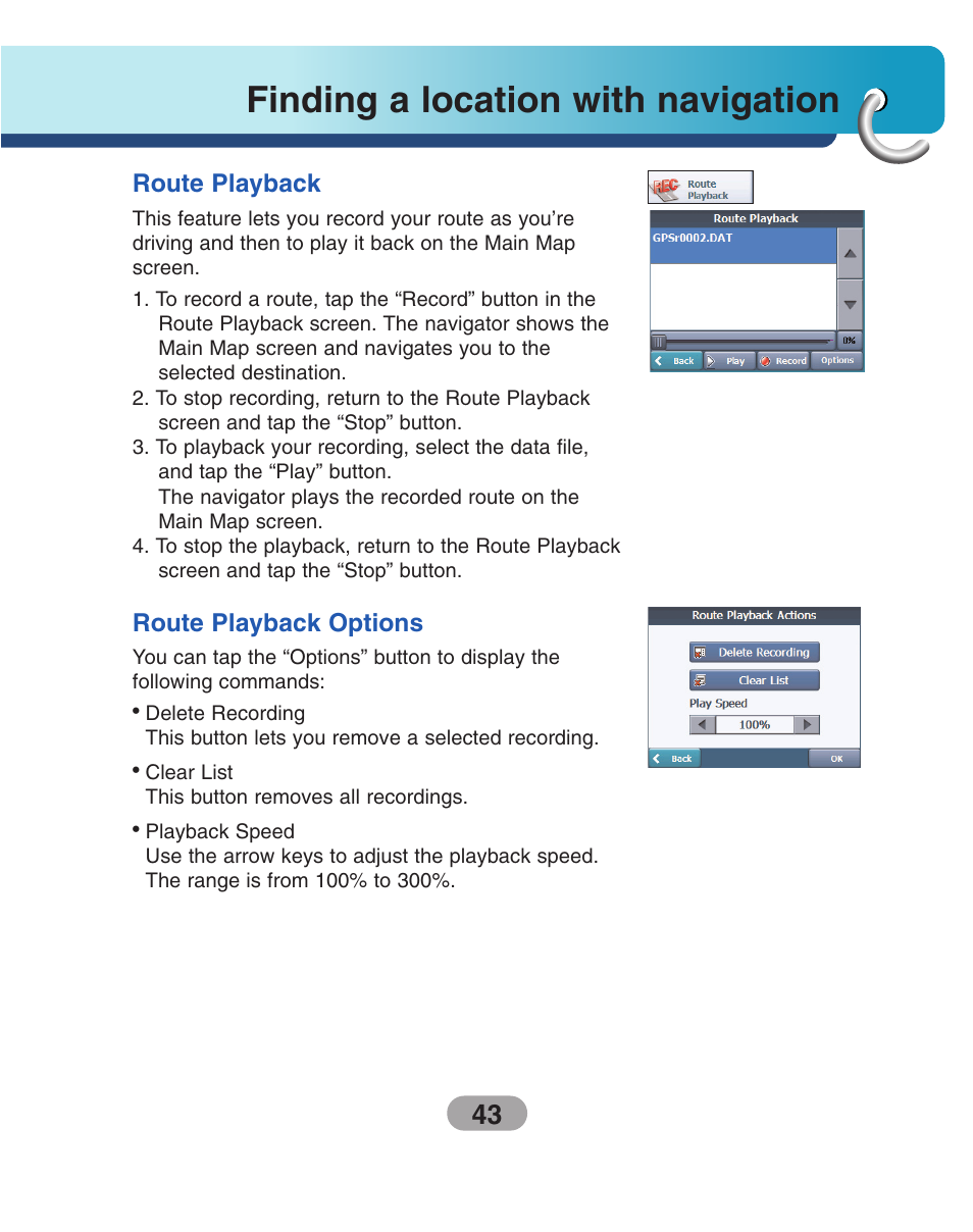 Route playback, Route playback options, Finding a location with navigation | LG LN500 Series User Manual | Page 43 / 72