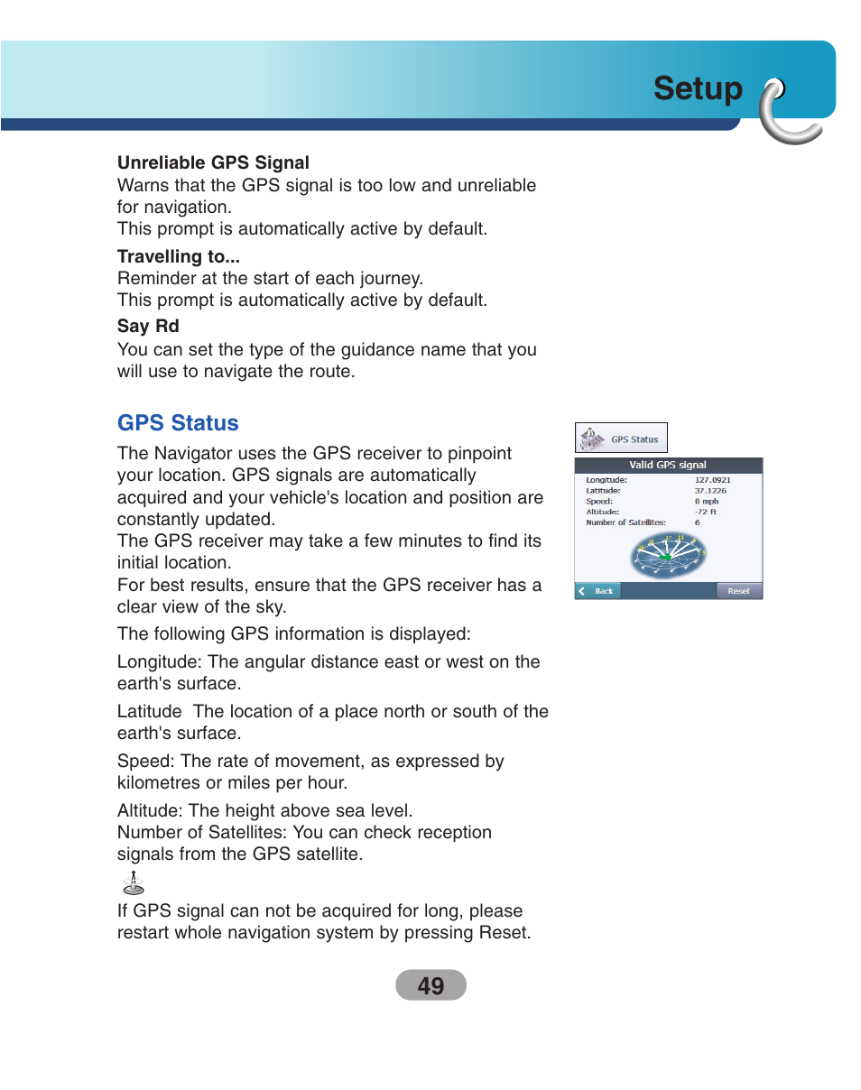 Gps status, Setup | LG LN500 Series User Manual | Page 49 / 72