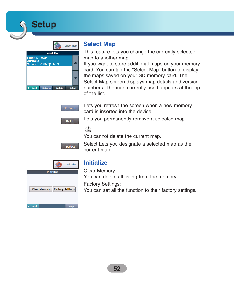 Select map, Initialize, Setup | LG LN500 Series User Manual | Page 52 / 72