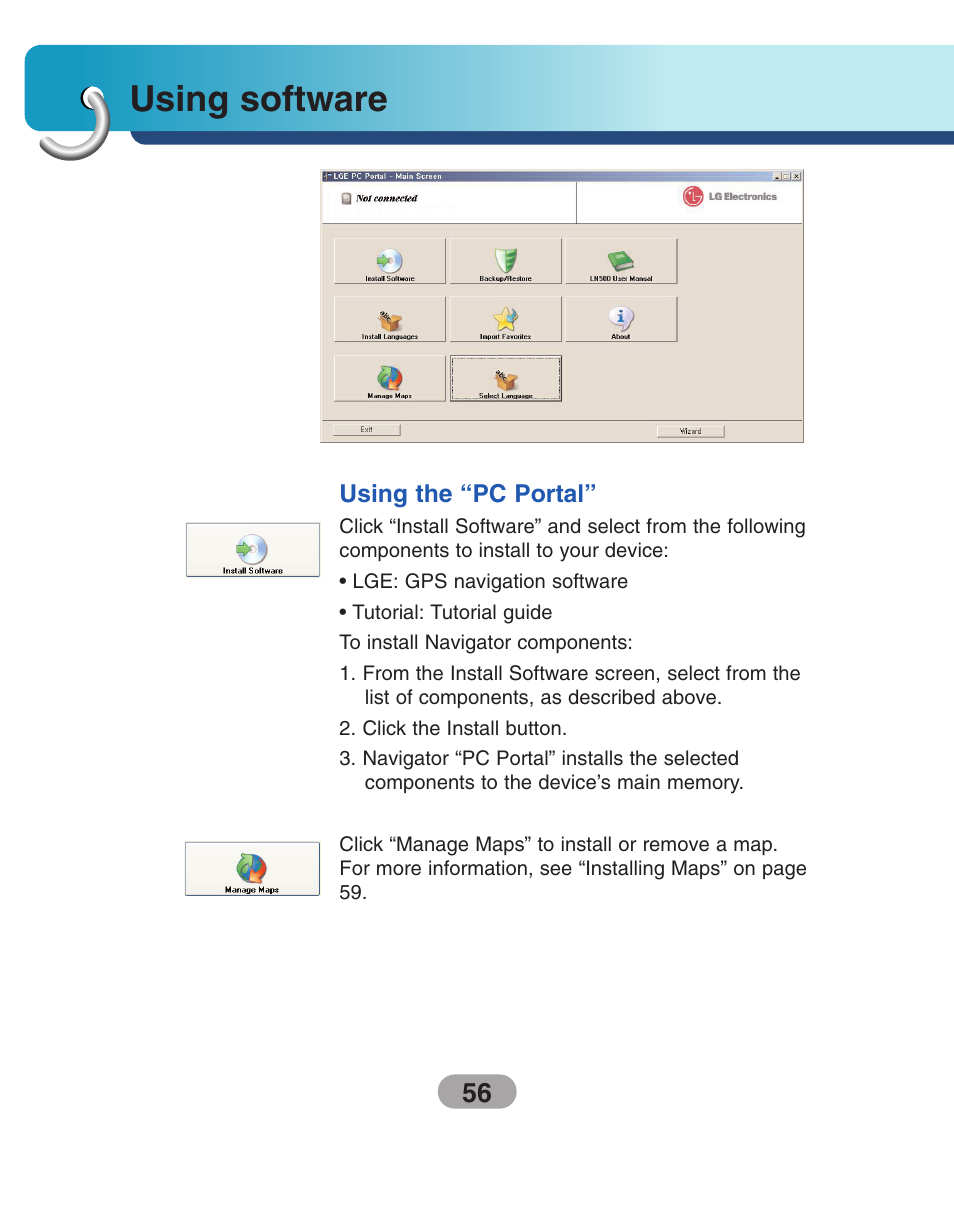 Using software, Using the “pc portal | LG LN500 Series User Manual | Page 56 / 72