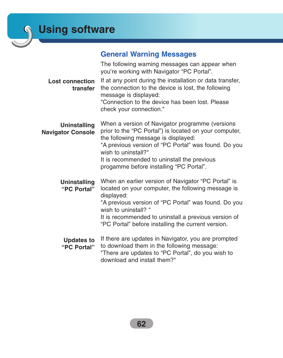 General warning messages, Using software | LG LN500 Series User Manual | Page 62 / 72