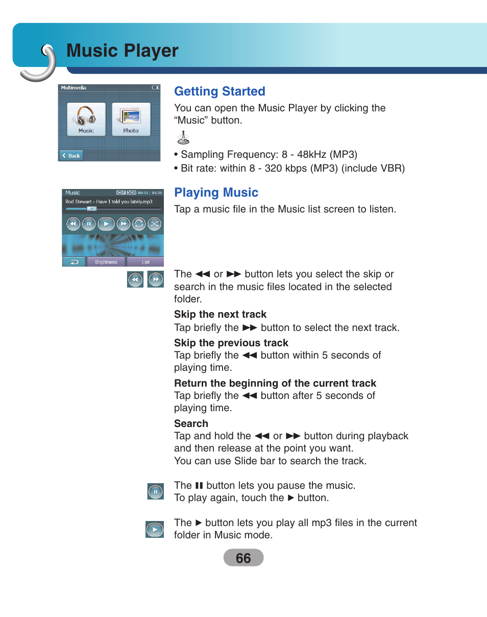 Music player, Getting started, Playing music | LG LN500 Series User Manual | Page 66 / 72