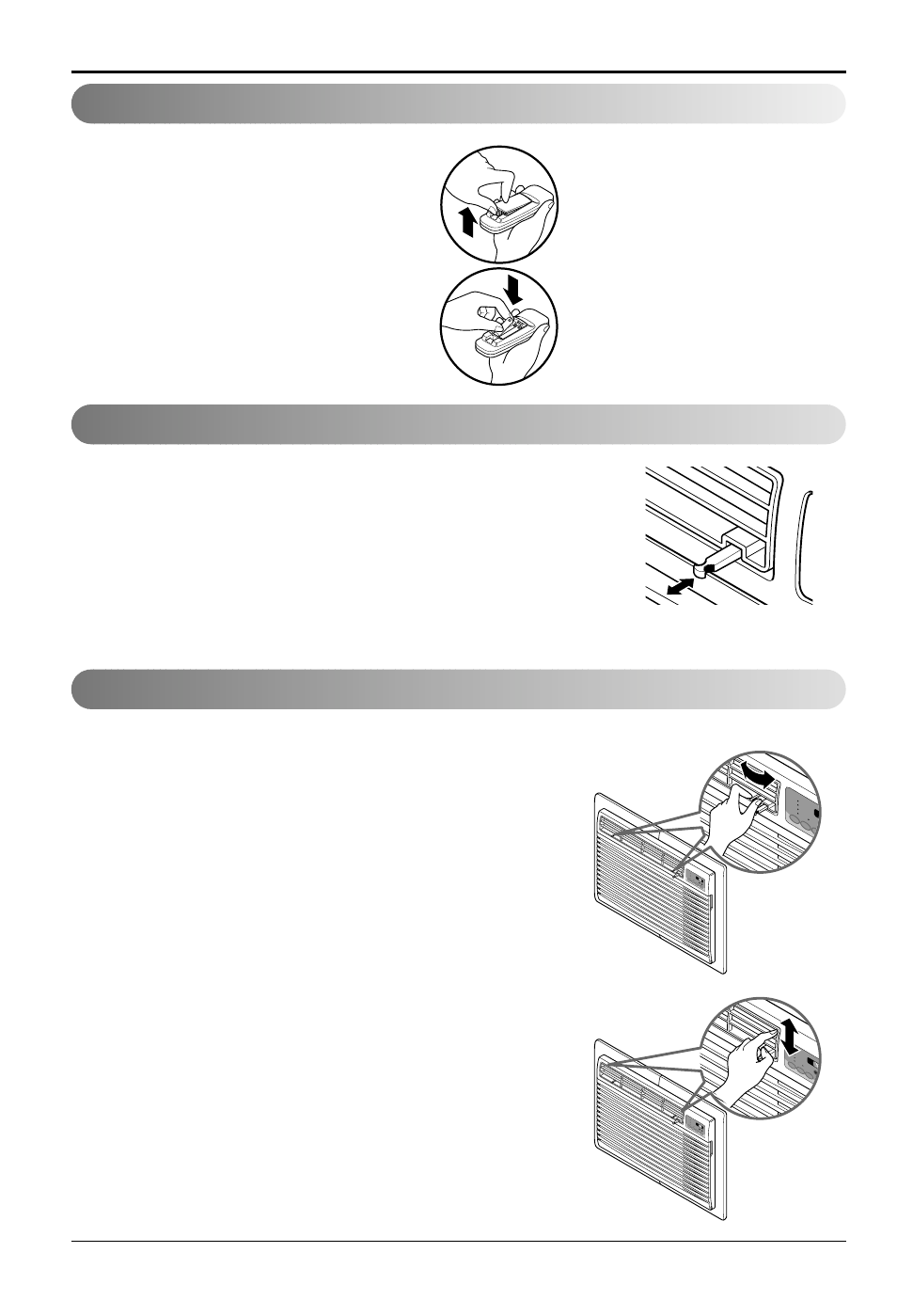 How to insert batteries, Ventilation control air direction, Horizontal air-direction control | Vertical air-direction control, 20 room air conditioner operating instructions | LG LT1030HR User Manual | Page 20 / 48