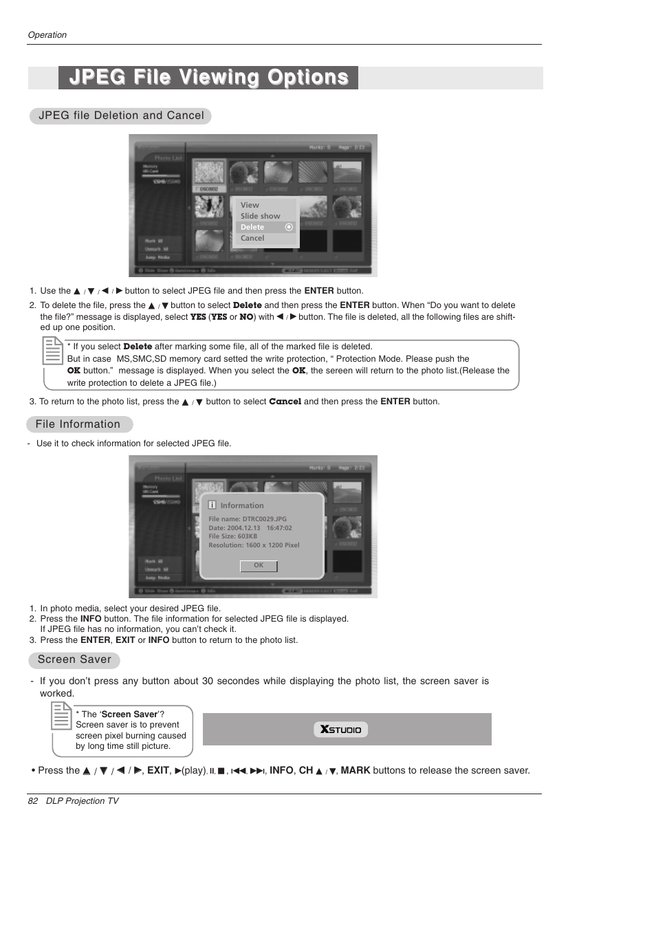 Jpeg file v, Jpeg file v iewing options iewing options | LG 52SX4D User Manual | Page 82 / 104