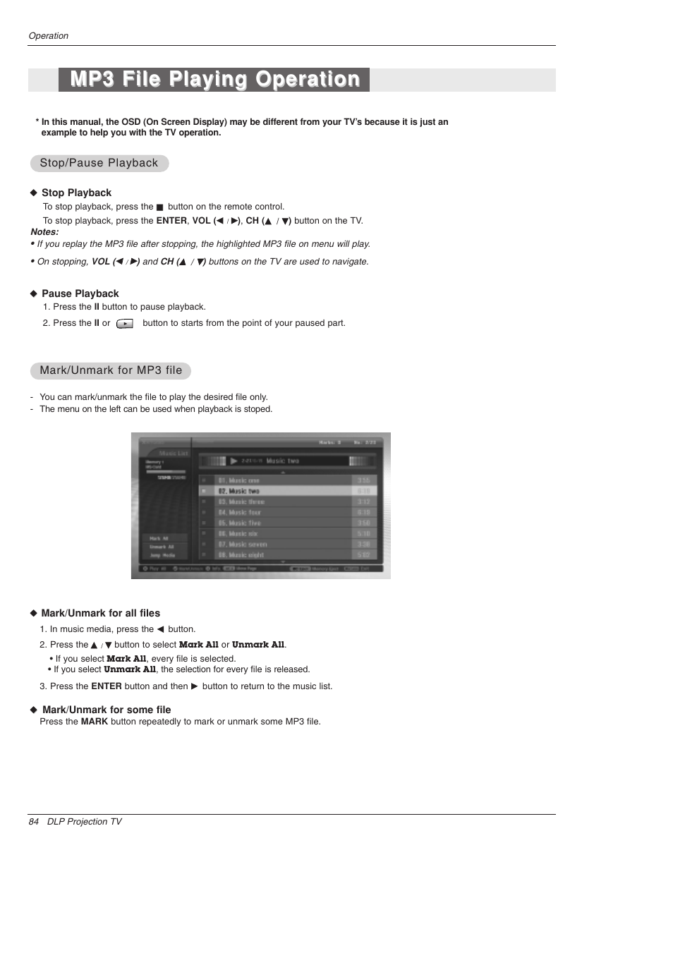 Mp3 file playing operation, Stop/pause playback | LG 52SX4D User Manual | Page 84 / 104