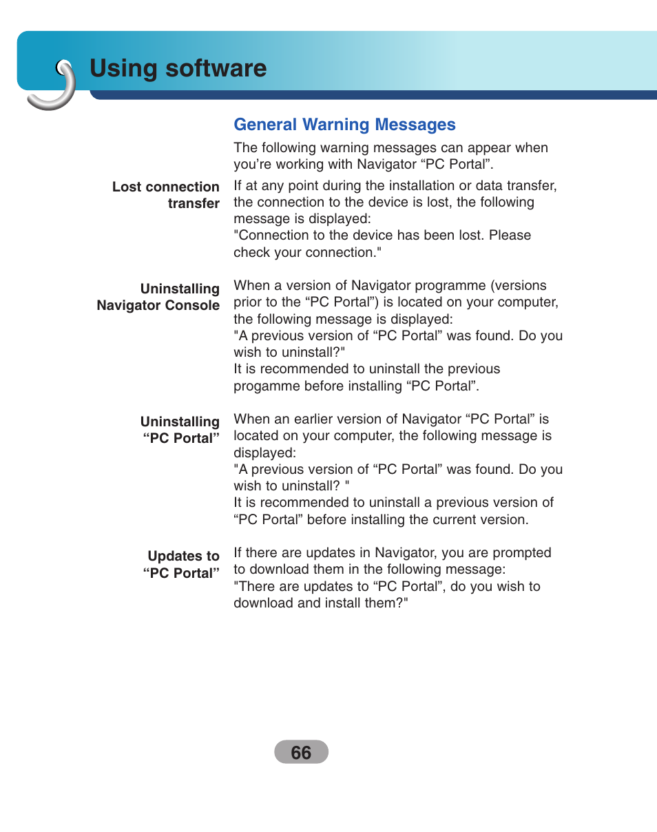 General warning messages, Using software | LG LN730Series User Manual | Page 66 / 76