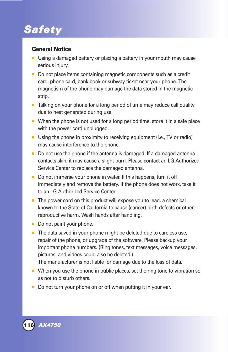 Safety | LG AX4750 User Manual | Page 116 / 137