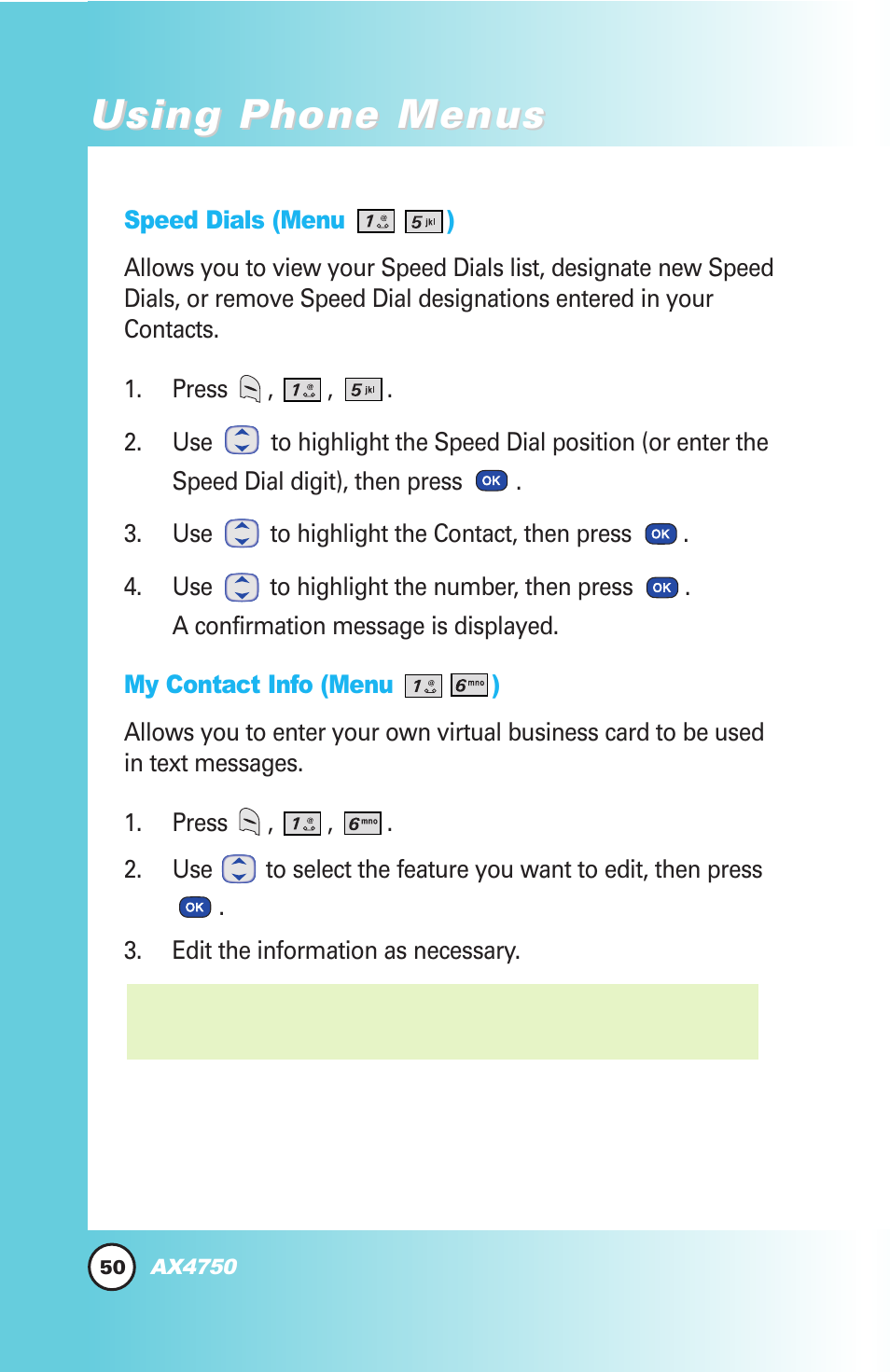 Using phone menus | LG AX4750 User Manual | Page 50 / 137