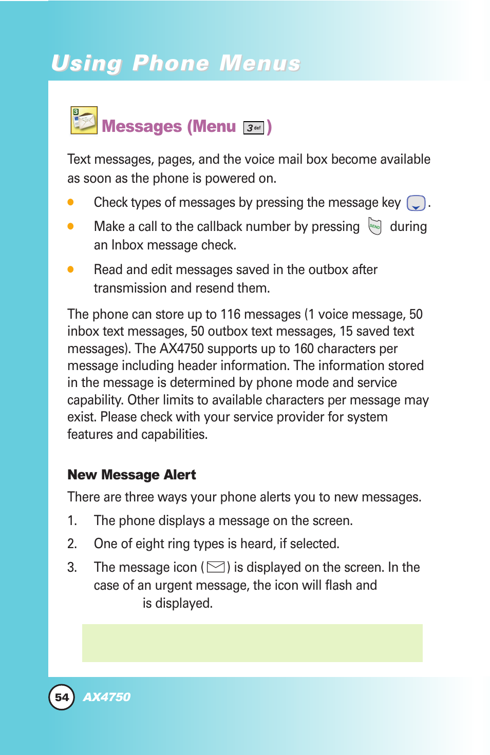 Using phone menus, Messages (menu ) | LG AX4750 User Manual | Page 54 / 137