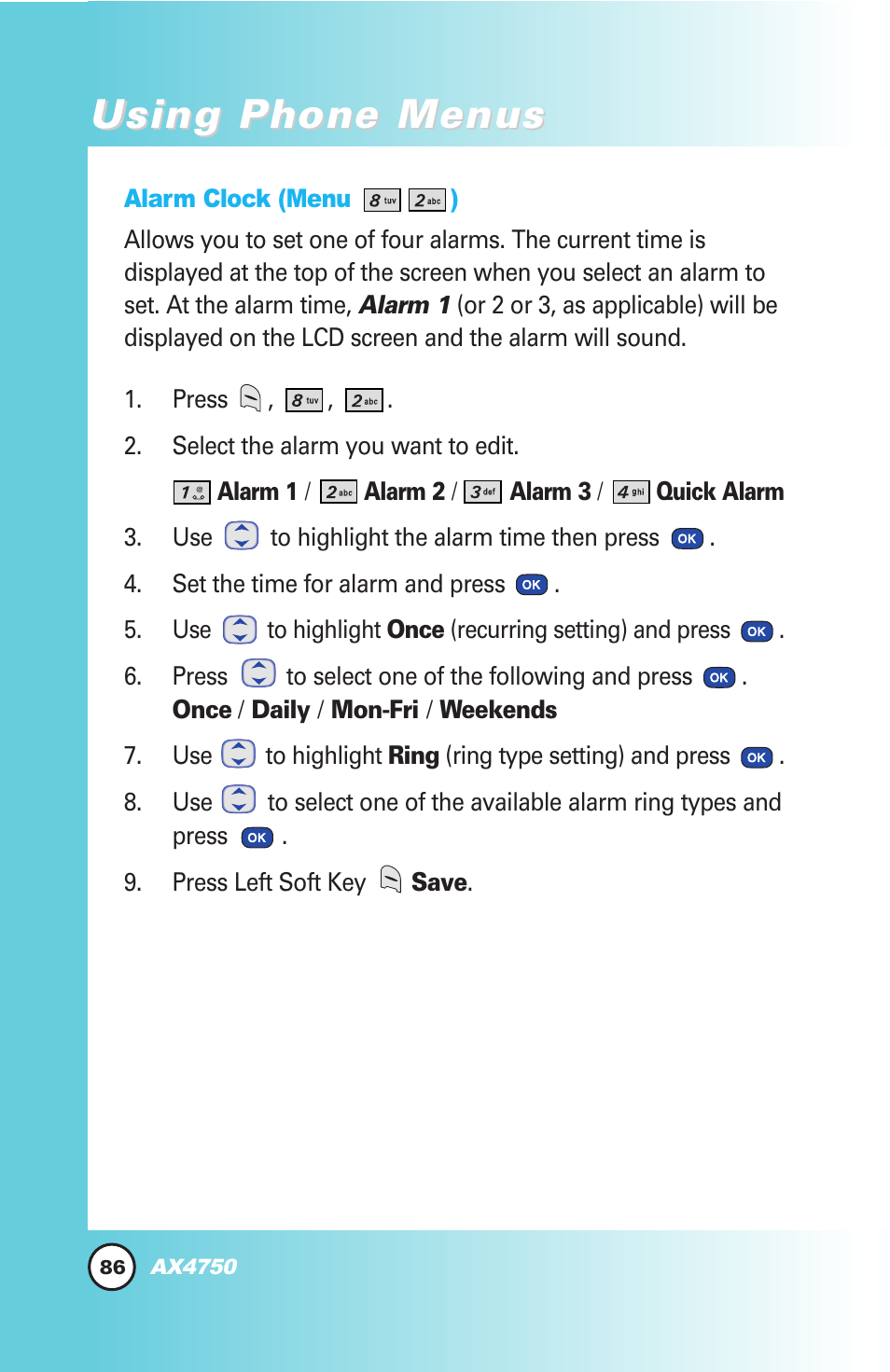 Using phone menus | LG AX4750 User Manual | Page 86 / 137