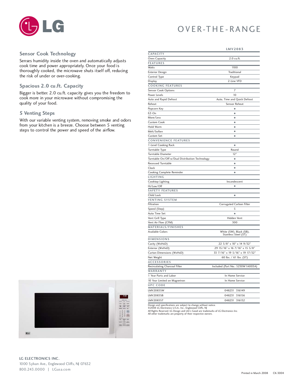 Sensor cook technology, Spacious 2.0 cu.ft. capacity, 5 venting steps | LG LMV2083 User Manual | Page 2 / 2