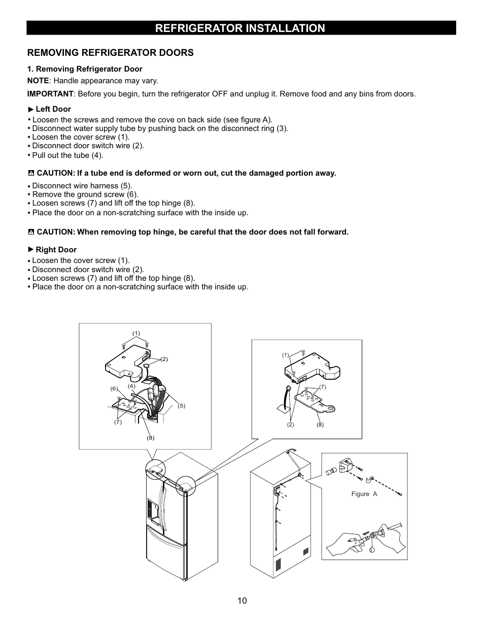 Refrigerator installation, Removing refrigerator doors | LG LFX23961SB User Manual | Page 10 / 68