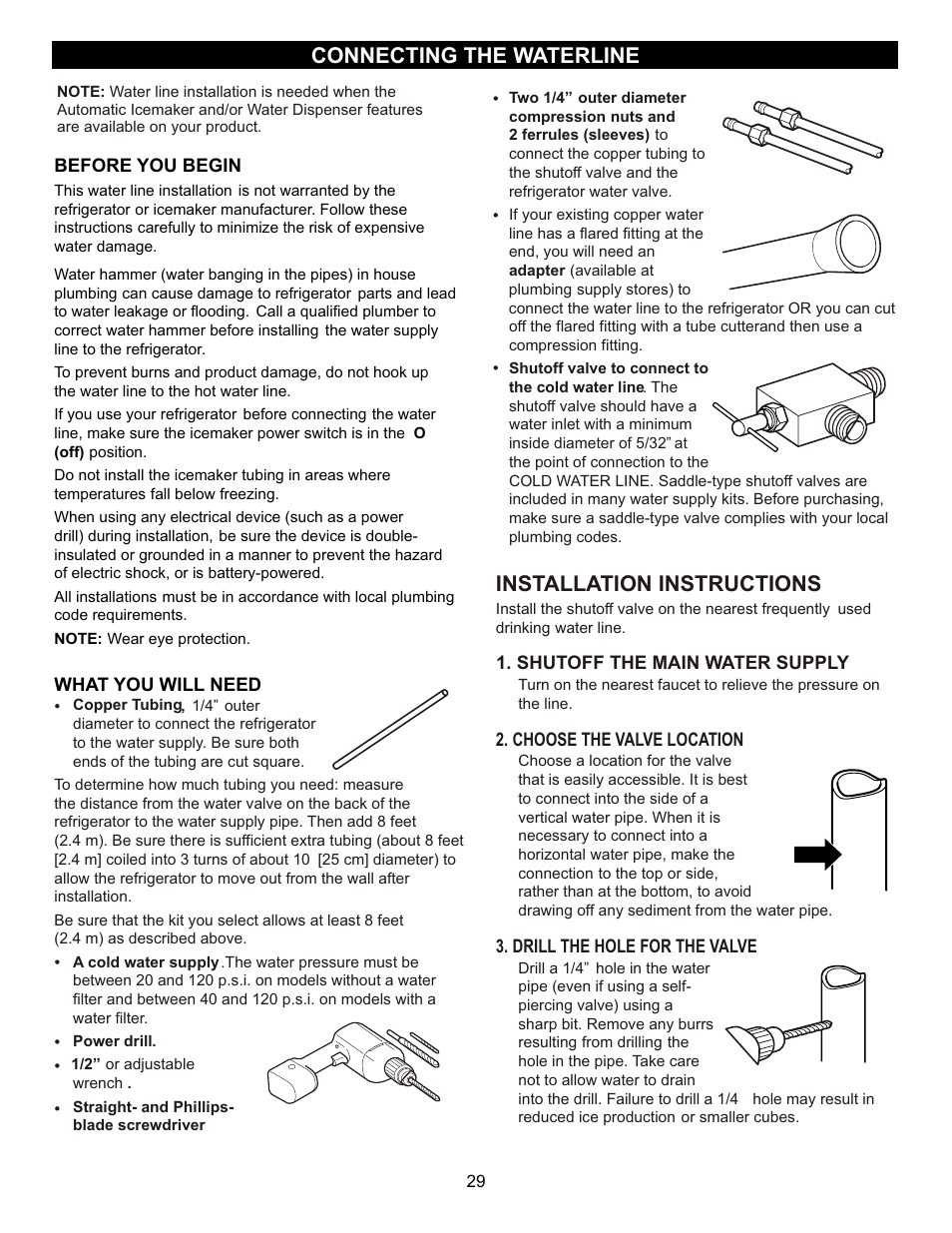 Connecting the waterline, Installation instructions | LG LFX23961SB User Manual | Page 29 / 68