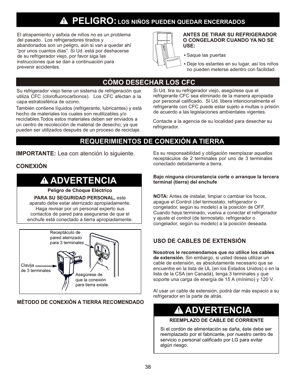 Peligro, Advertencia, Cómo desechar los cfc | Requerimientos de conexión a tierra | LG LFX23961SB User Manual | Page 38 / 68