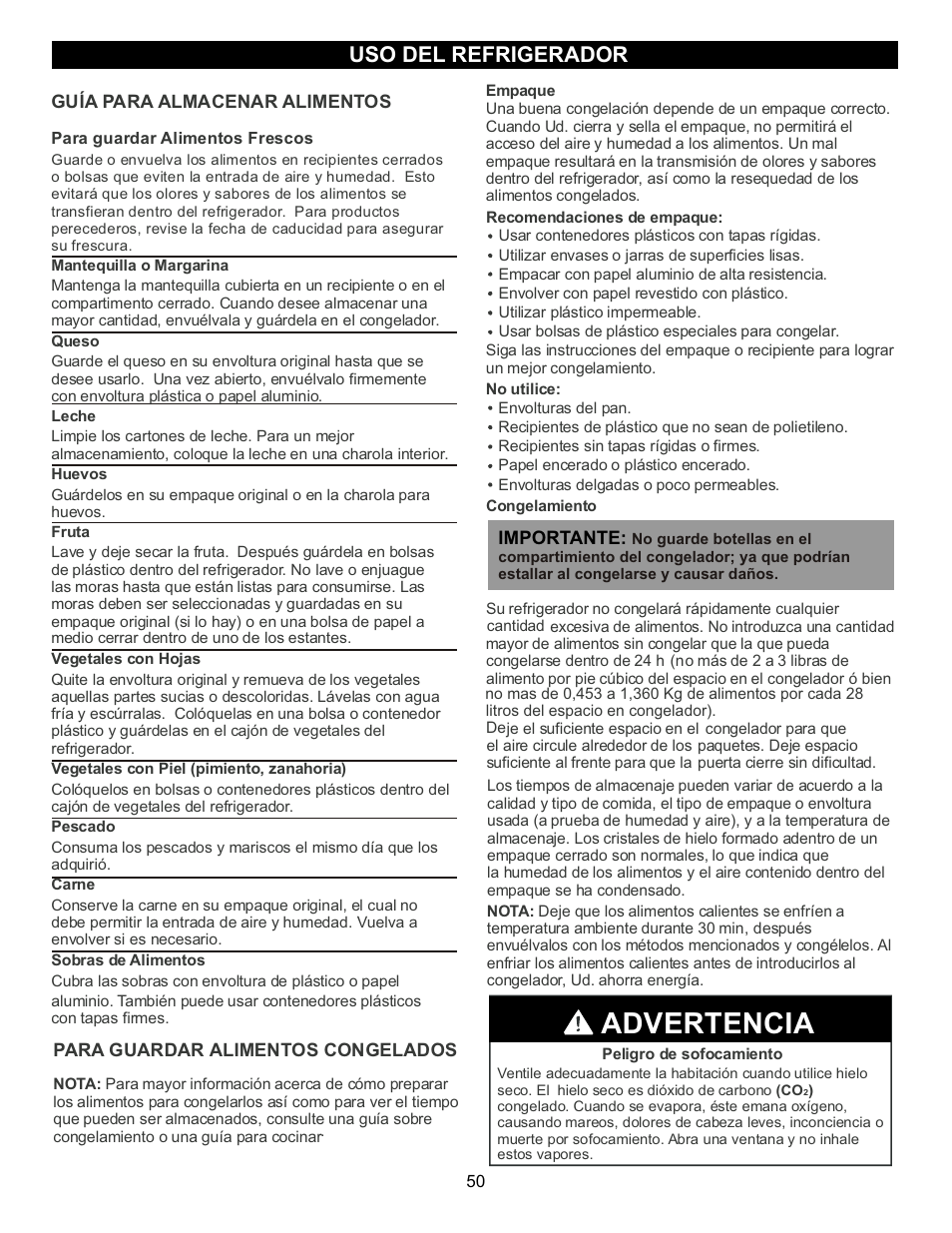 Advertencia, Uso del refrigerador | LG LFX23961SB User Manual | Page 50 / 68