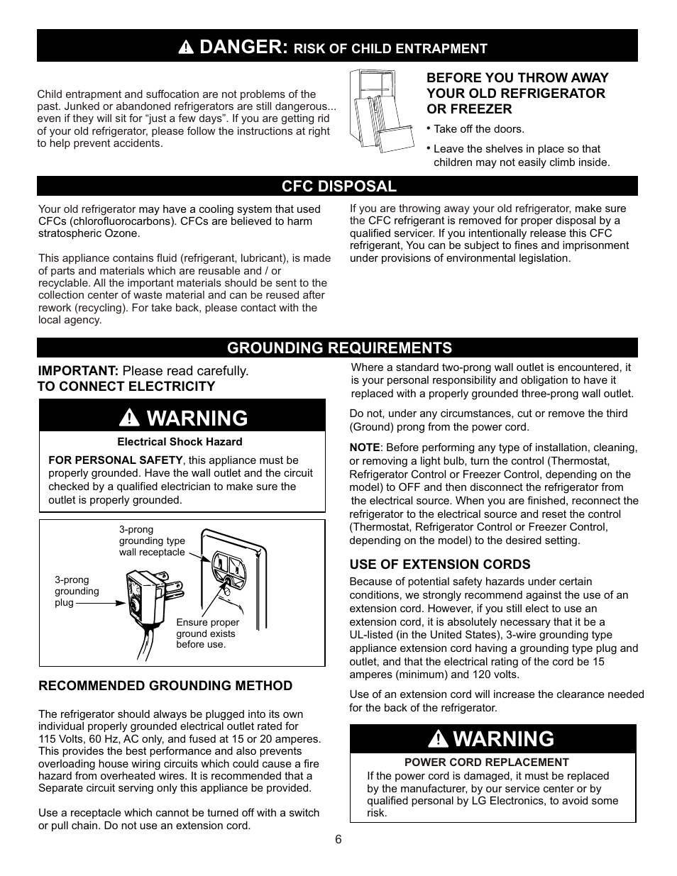 Warning, Danger, Cfc disposal grounding requirements | LG LFX23961SB User Manual | Page 6 / 68