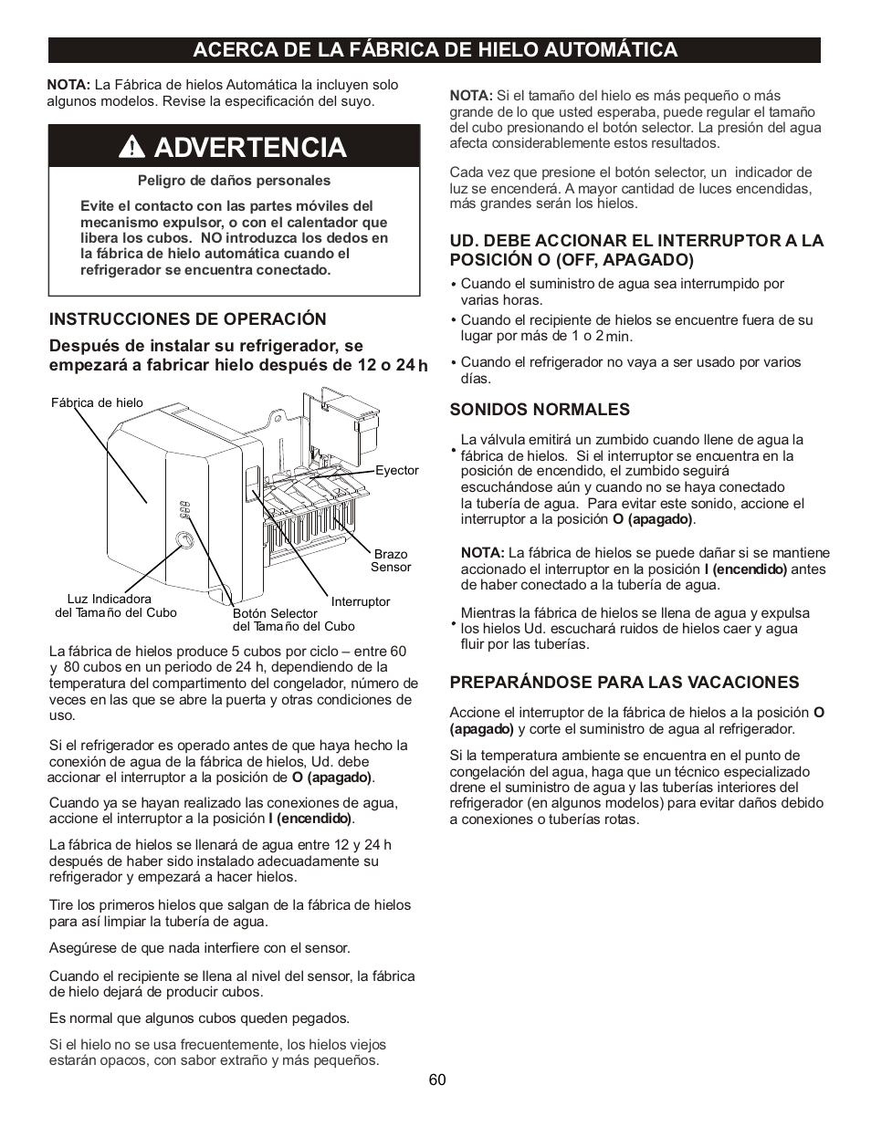 Advertencia, Acerca de la fábrica de hielo automática | LG LFX23961SB User Manual | Page 60 / 68
