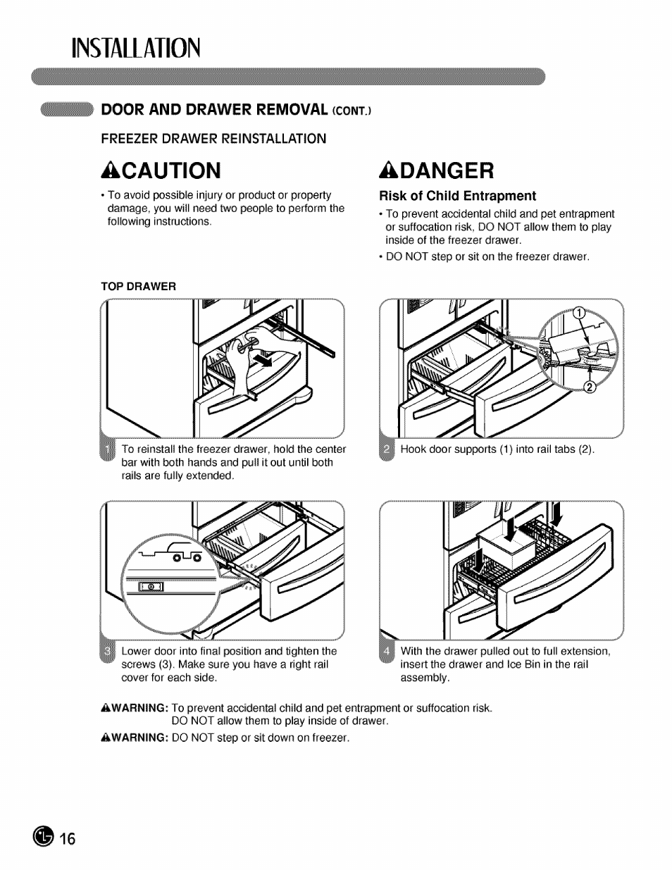 Installation, Acaution, Adanger | LG LMX21984 User Manual | Page 16 / 46
