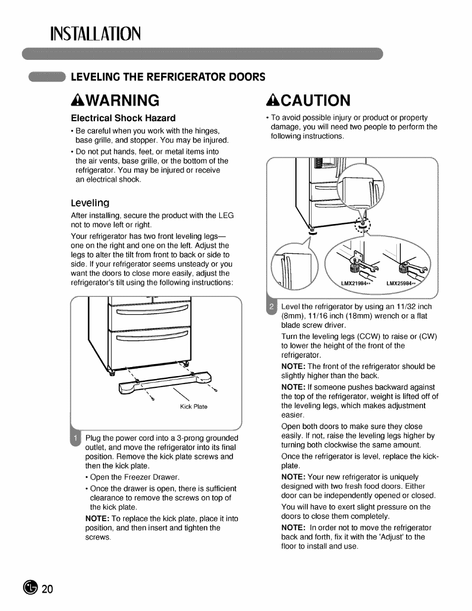 Leveling the refrigerator doors, Installation, Awarning acaution | LG LMX21984 User Manual | Page 20 / 46
