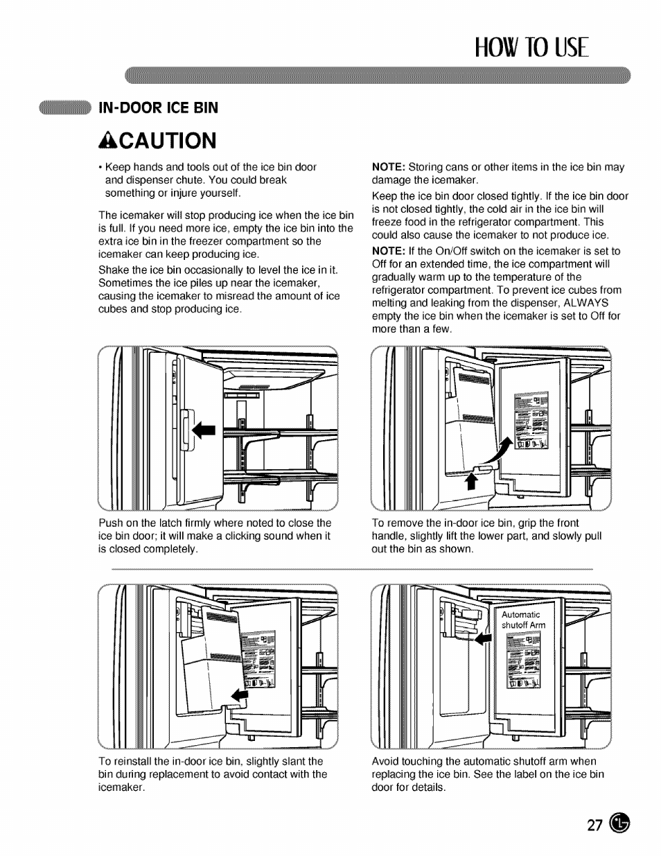 In-door ice bin, In-door ice bln, How to use | Acaution | LG LMX21984 User Manual | Page 27 / 46