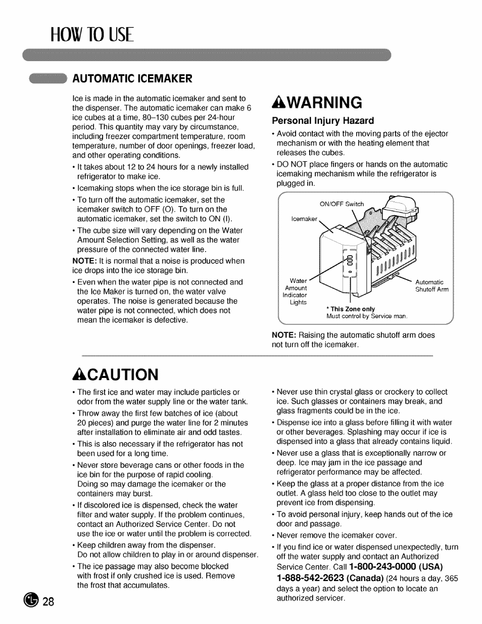 Automatic icemaker, Personal injury hazard, How то use | Awarning, Acaution | LG LMX21984 User Manual | Page 28 / 46
