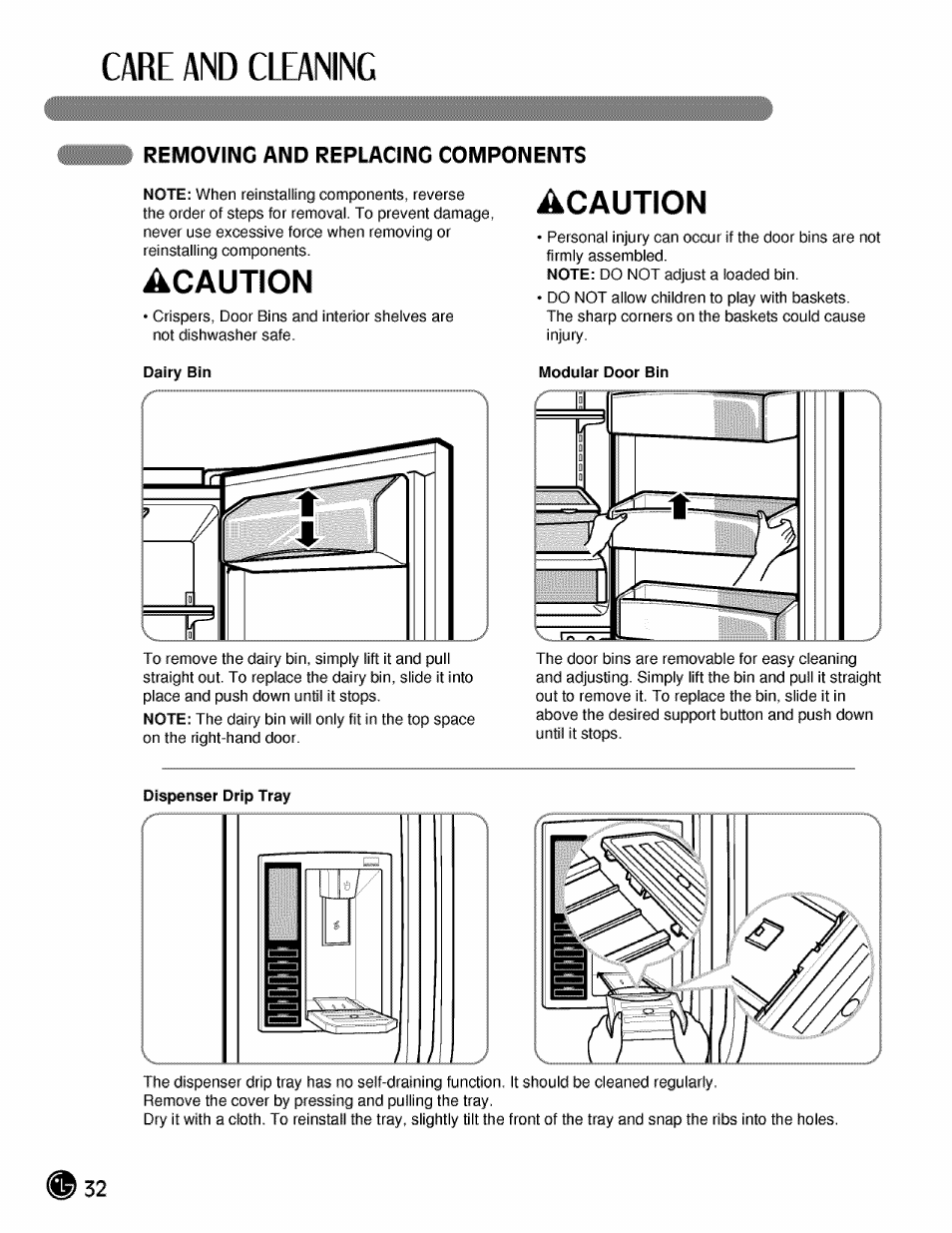 Removing and replacing components, Care and cleaning, Acaution | LG LMX21984 User Manual | Page 32 / 46