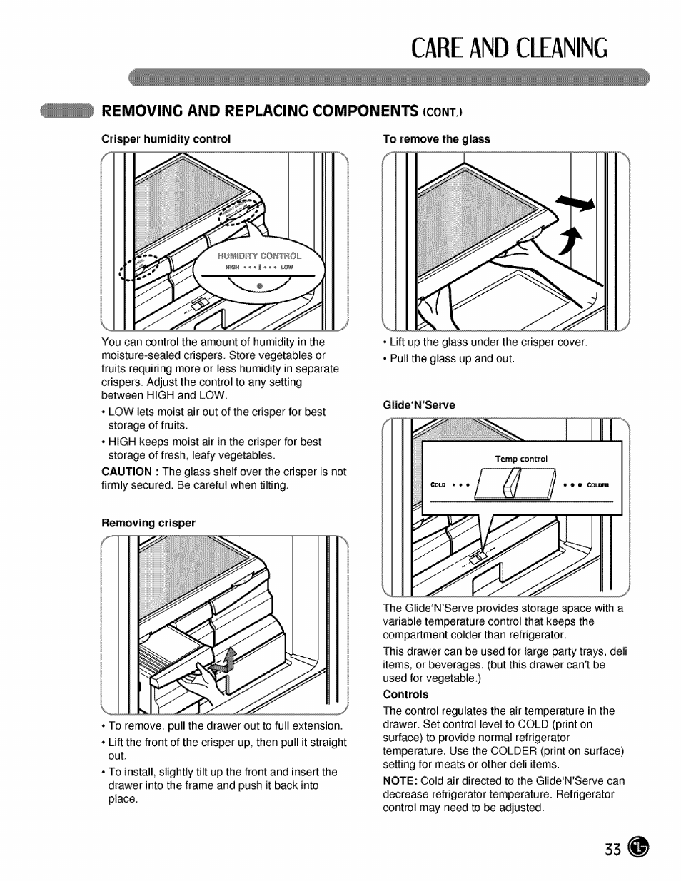 Removing and replacing components (cont.), Care and cleaning | LG LMX21984 User Manual | Page 33 / 46