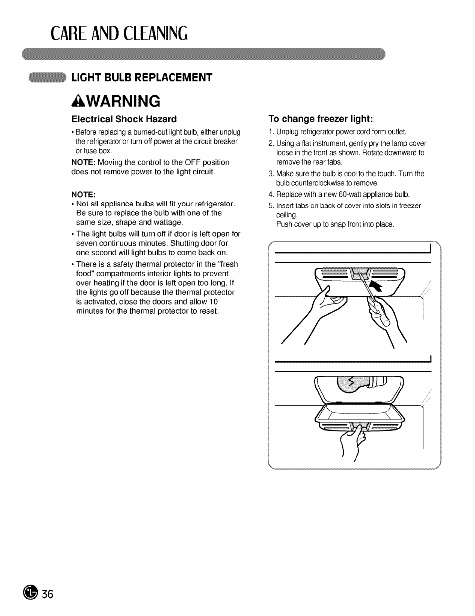 Light bulb replacement, Care and cleaning, Awarning | LG LMX21984 User Manual | Page 36 / 46
