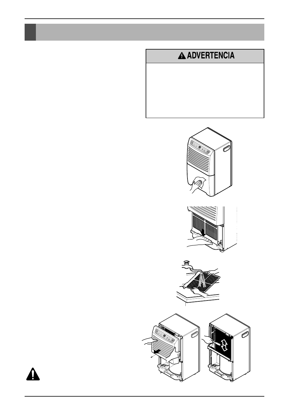 Cuidados y mantenimiento, Limpieza del panel frontal, cubeta y carcasa, Limpieza del filtro de aire | Limpieza del serpentín, 28 deshumidificador cuidados y mantenimiento | LG LD40E User Manual | Page 28 / 31