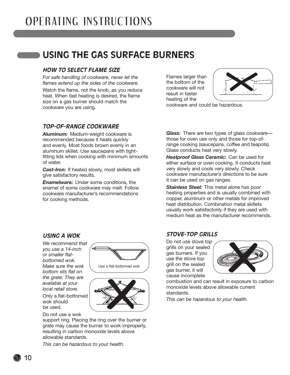 Using the gas surface burners | LG LRG30855ST User Manual | Page 10 / 96
