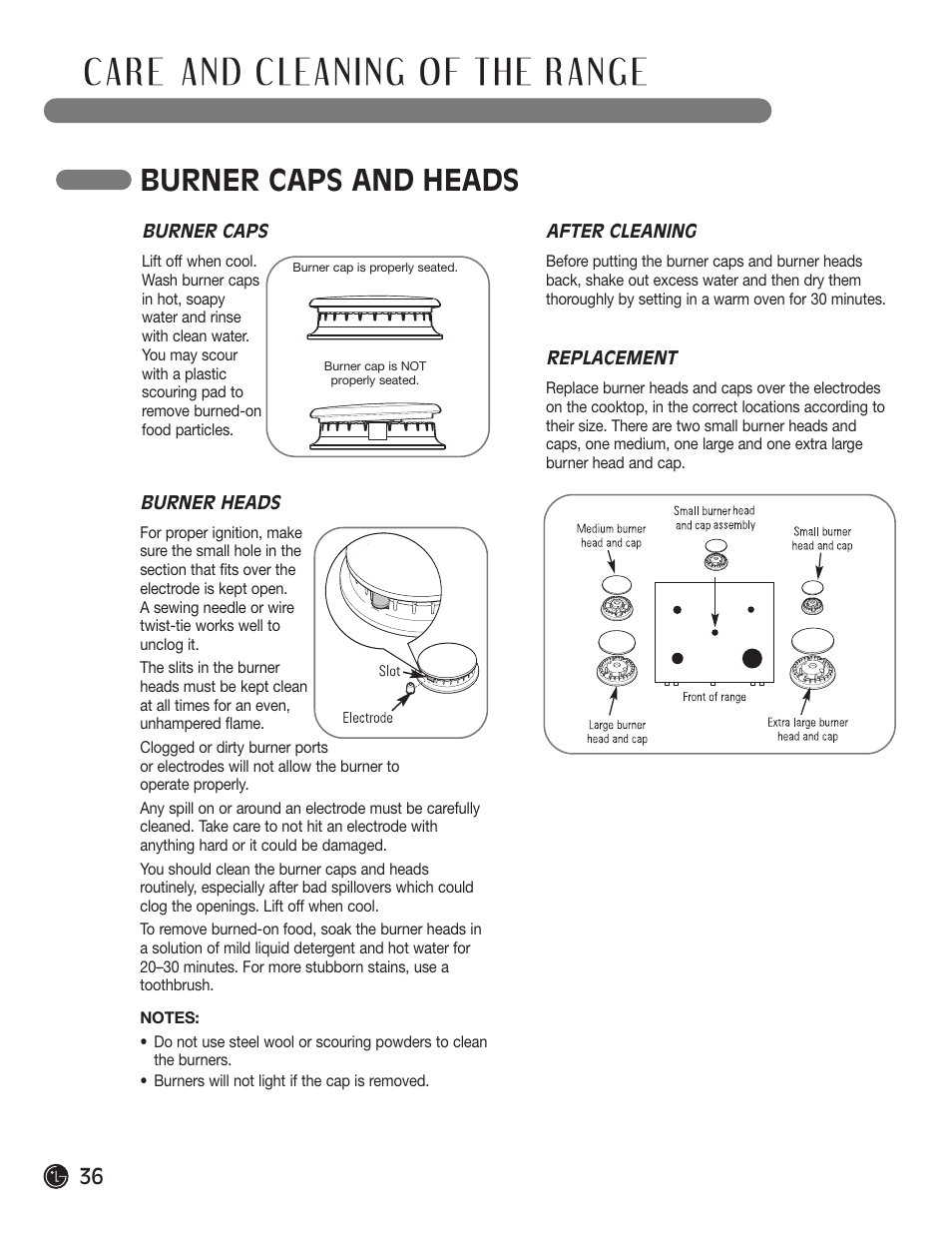Burner caps and heads | LG LRG30855ST User Manual | Page 36 / 96