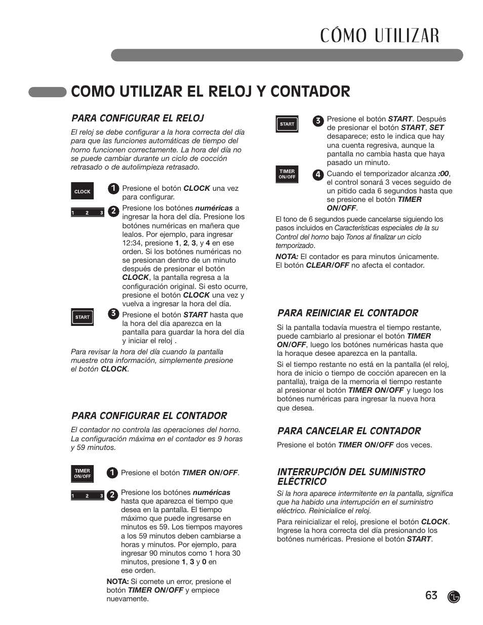 Cómo utilizar, Como utilizar el reloj y contador | LG LRG30855ST User Manual | Page 63 / 96