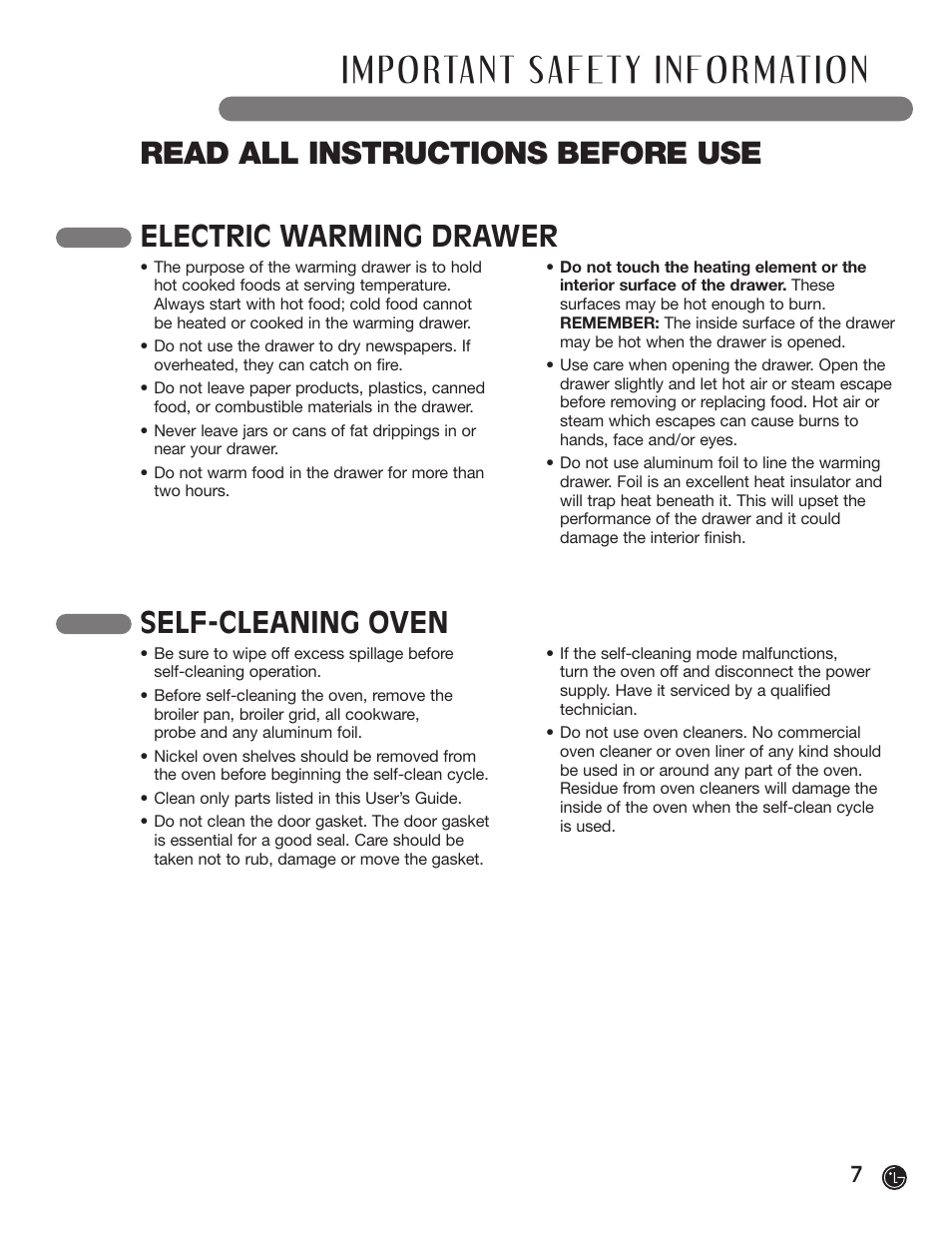 Read all instructions before use, Electric warming drawer, Self-cleaning oven | LG LRG30855ST User Manual | Page 7 / 96