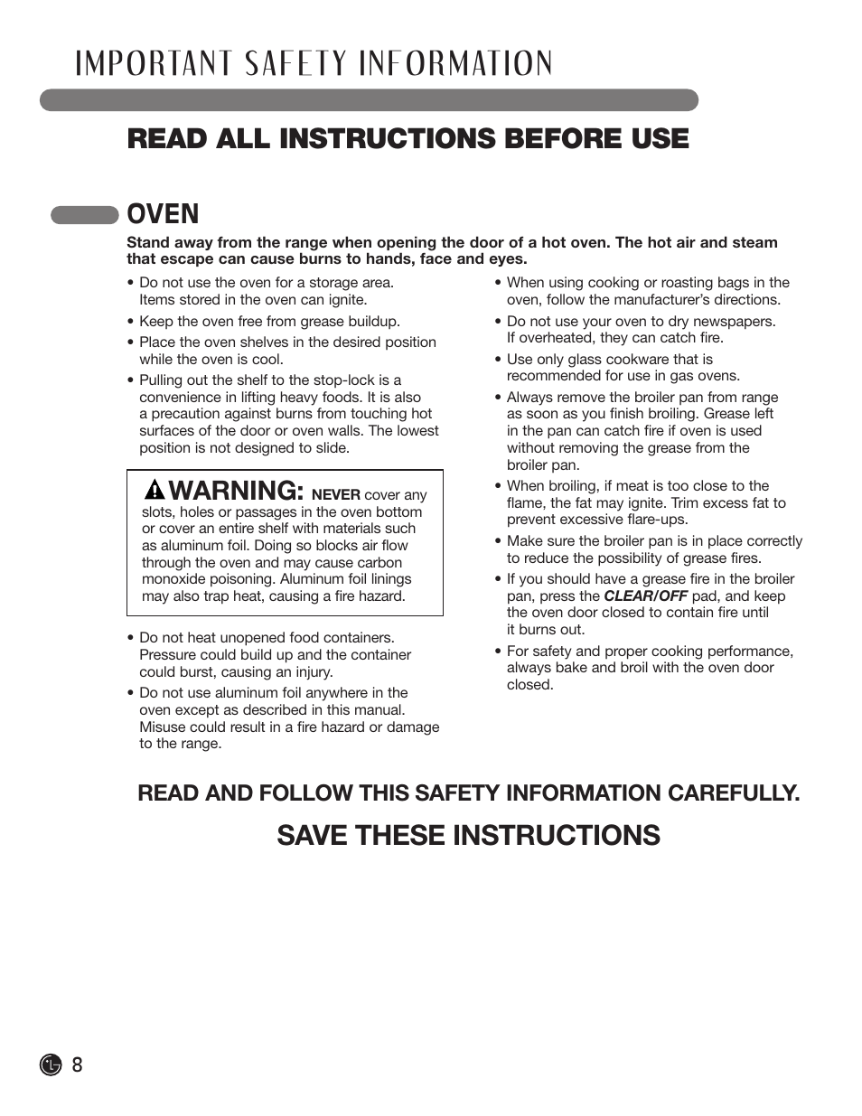 Read all instructions before use, Save these instructions, Oven | Warning, Read and follow this safety information carefully | LG LRG30855ST User Manual | Page 8 / 96