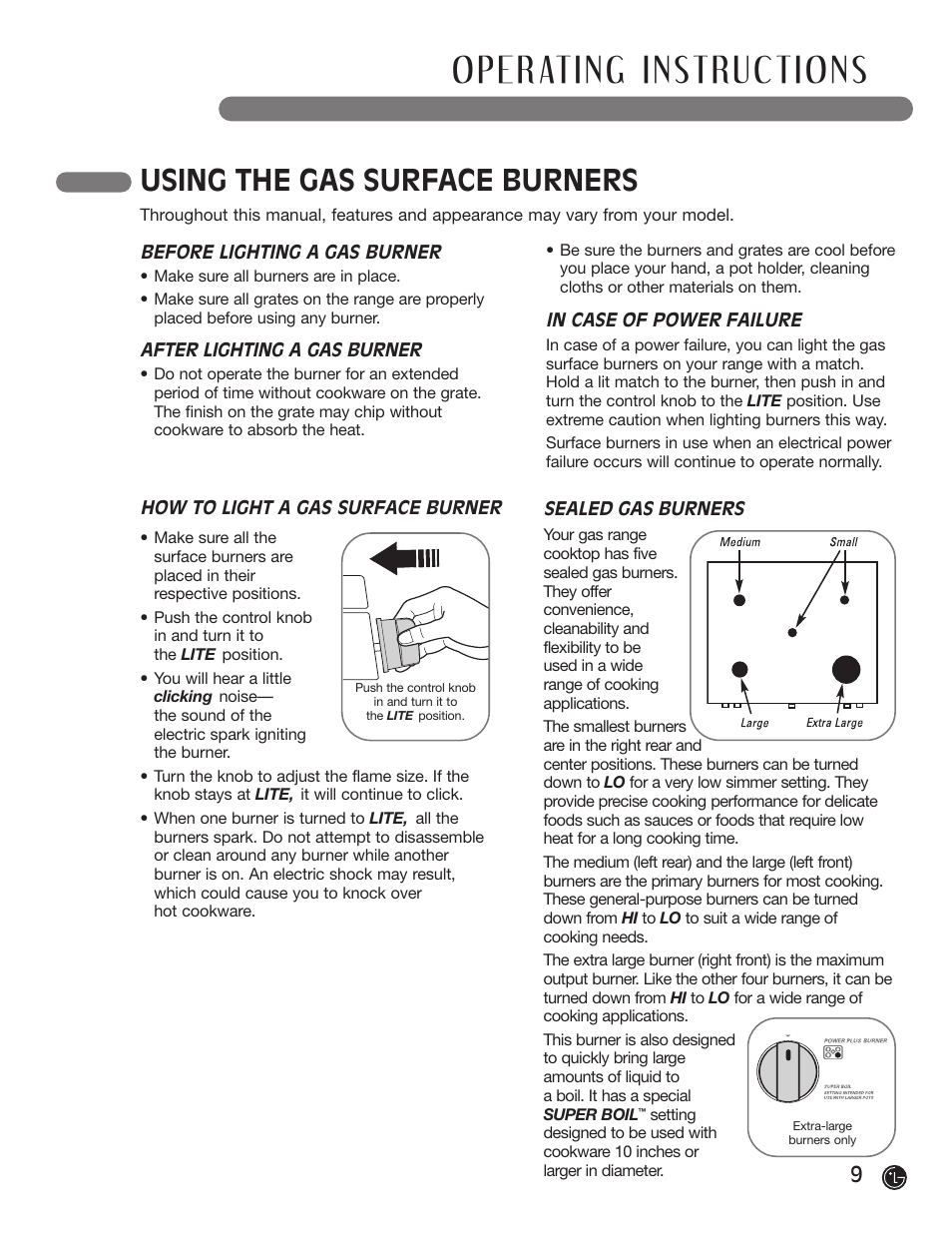 Using the gas surface burners | LG LRG30855ST User Manual | Page 9 / 96