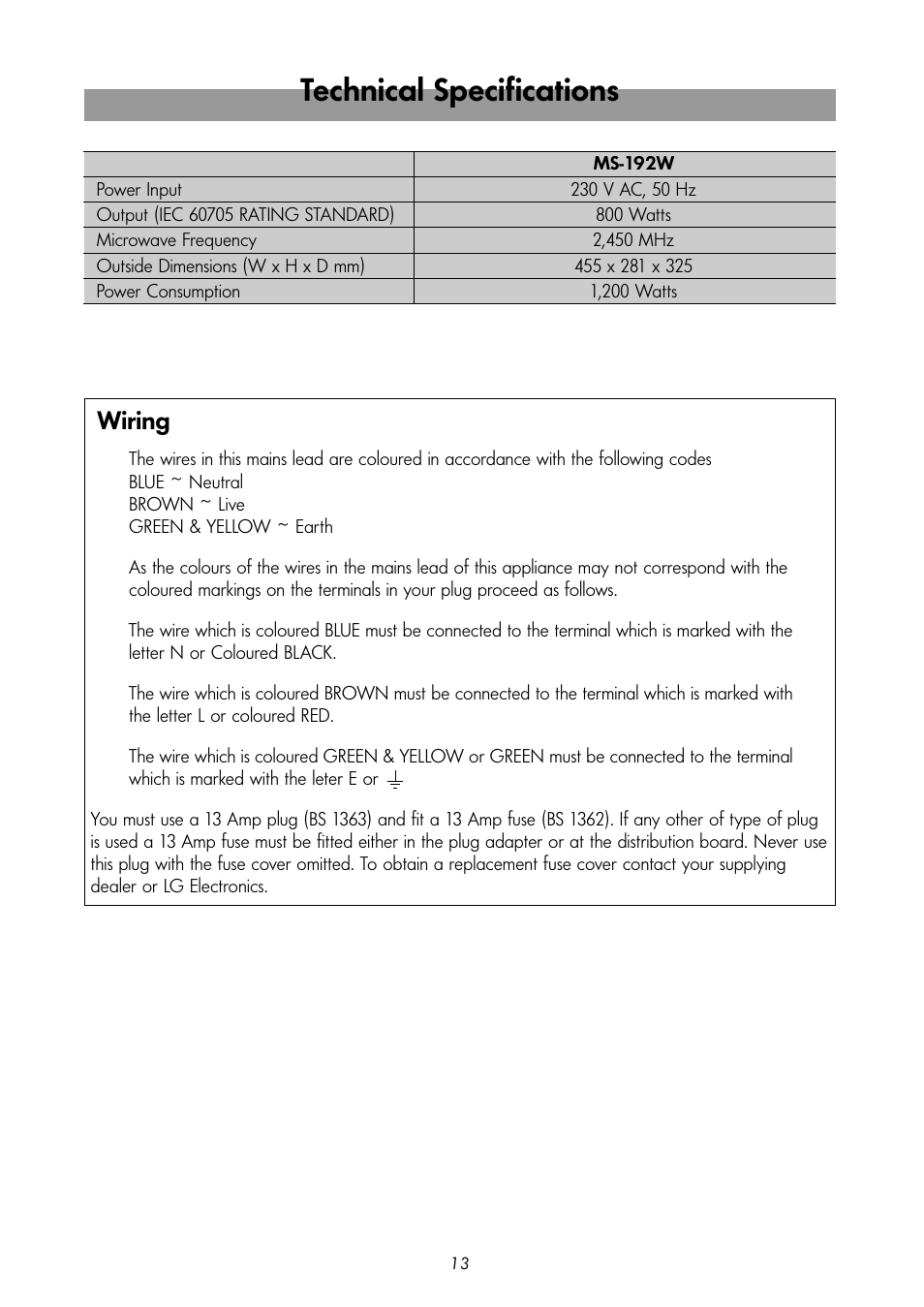 Technical specifications, Wiring | LG MS-192W User Manual | Page 13 / 14