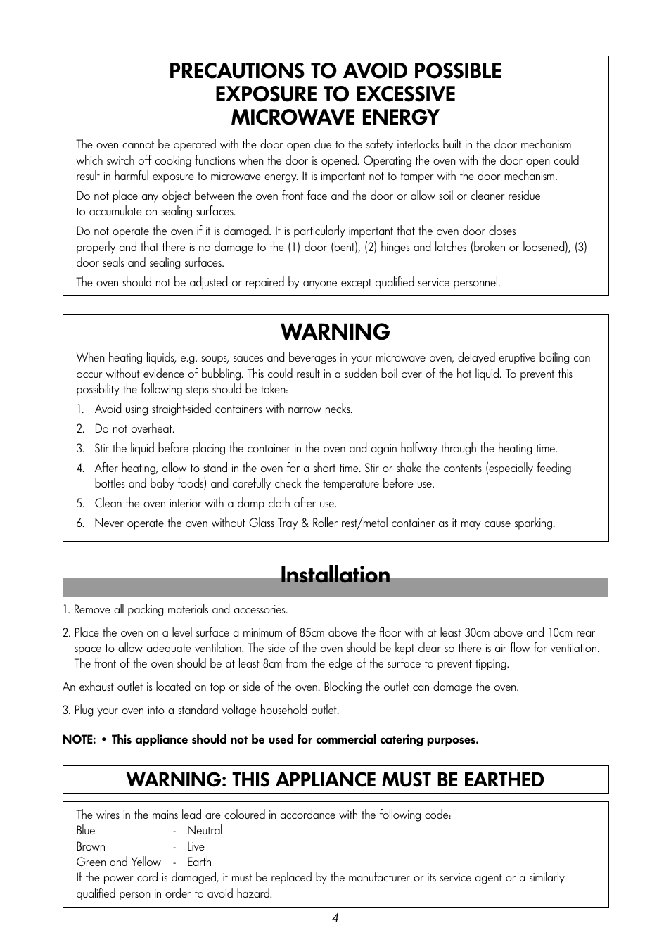 Installation, Warning, Warning: this appliance must be earthed | LG MS-192W User Manual | Page 4 / 14